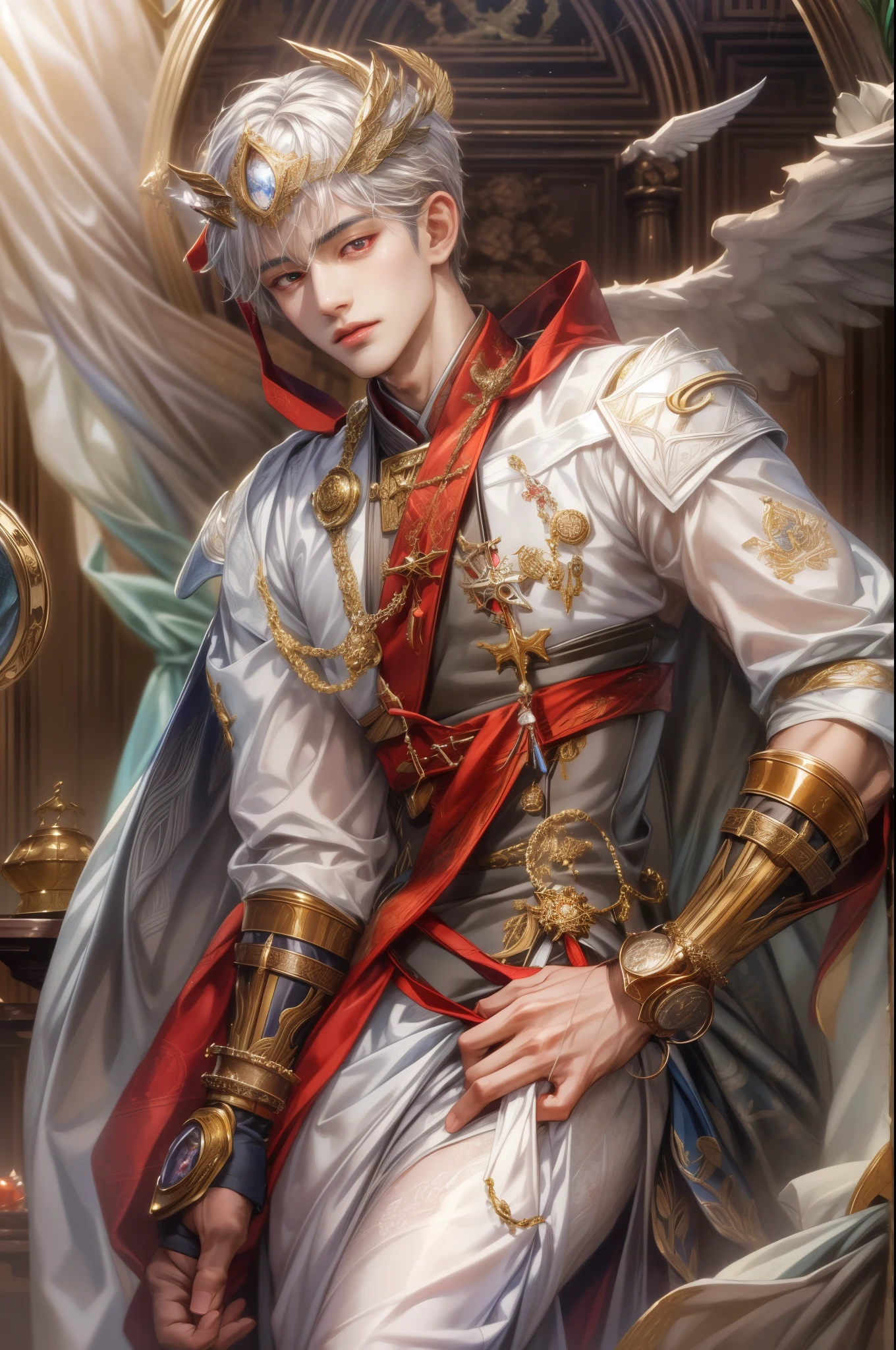 (absurdres, highres, ultra detailed, HDR), masterpiece, best quality, close-up picture of a Valkyrie Anatomia character, kokuyo, arbiter hrist, handsome young boy, short hair, korean handsome face, big eyes, red eyes, detailed scenery of a gnostic mansion interiors, detailed character