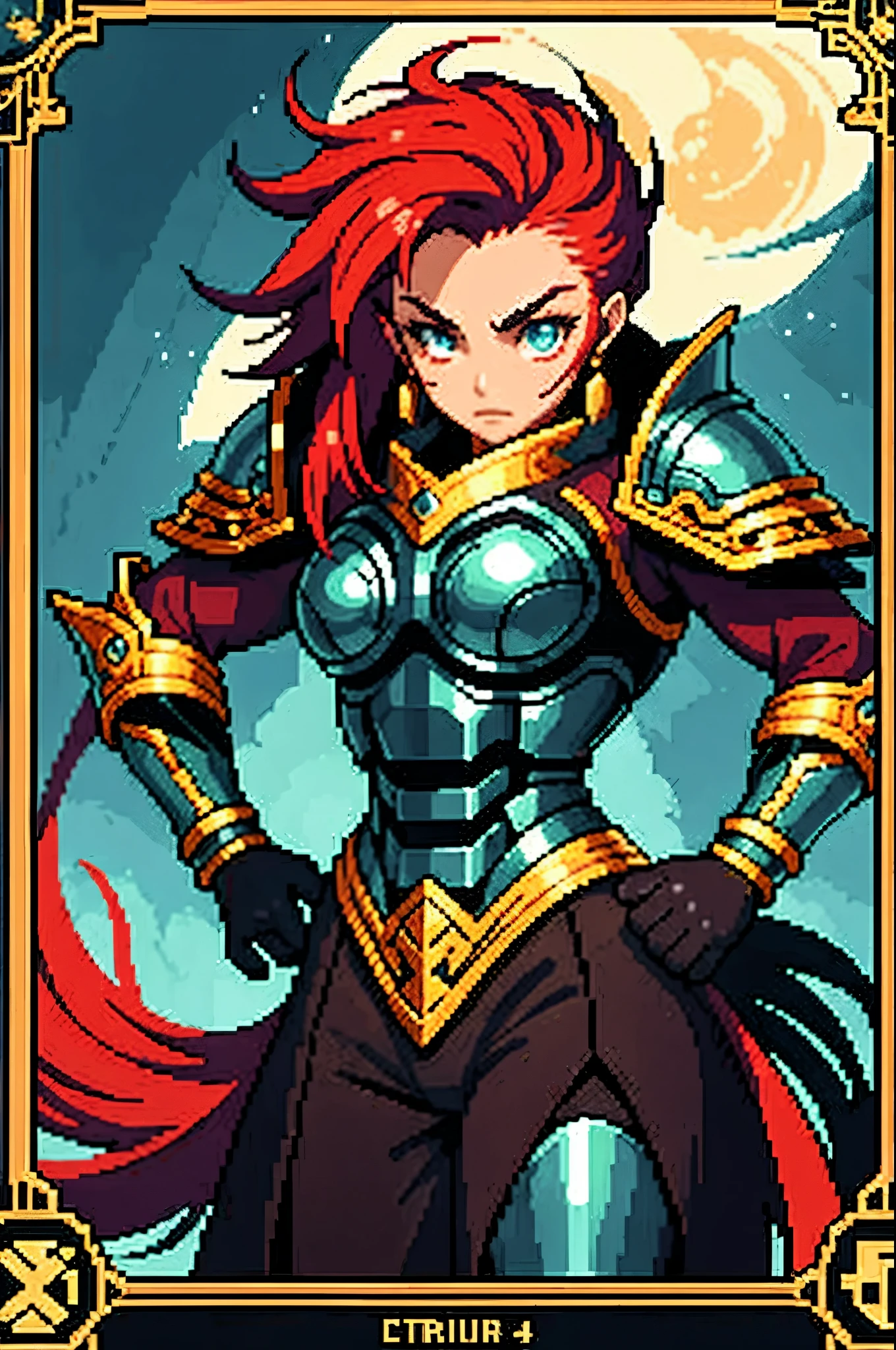 Stable Diffusion prompt: red hair, warrior, (masterpiece, top quality, best quality), pixel, pixel art, 1girl, (best quality:1.3), (masterpiece:1.1), (illustration:1.2), (ultra-detailed:1.2), vibrant colors, intense lighting, intricate armor, fierce expression, 8-bit style, dynamic pose, fantasy backdrop, glowing sword, captivating gaze, dramatic shadows, epic battle, high contrast, meticulous details, fierce determination.
