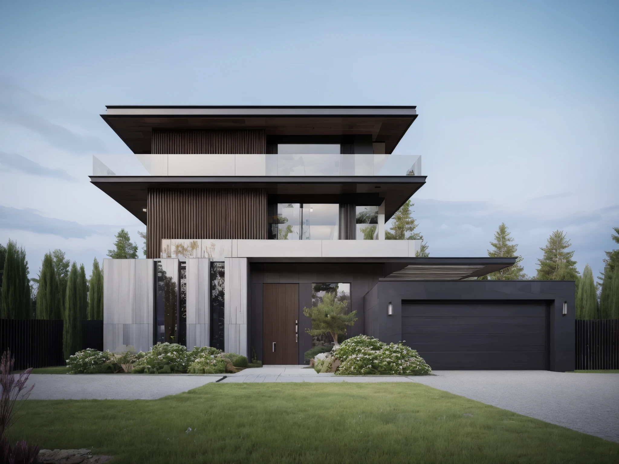 (masterpiece),(high quality), best quality, real,(realistic), super detailed, (full detail),(4k),8k,modern house exterior design,Modern architecture,Beautiful_sky,Day light, no_humans, outdoors,sky,tree,Garden flower front of building,