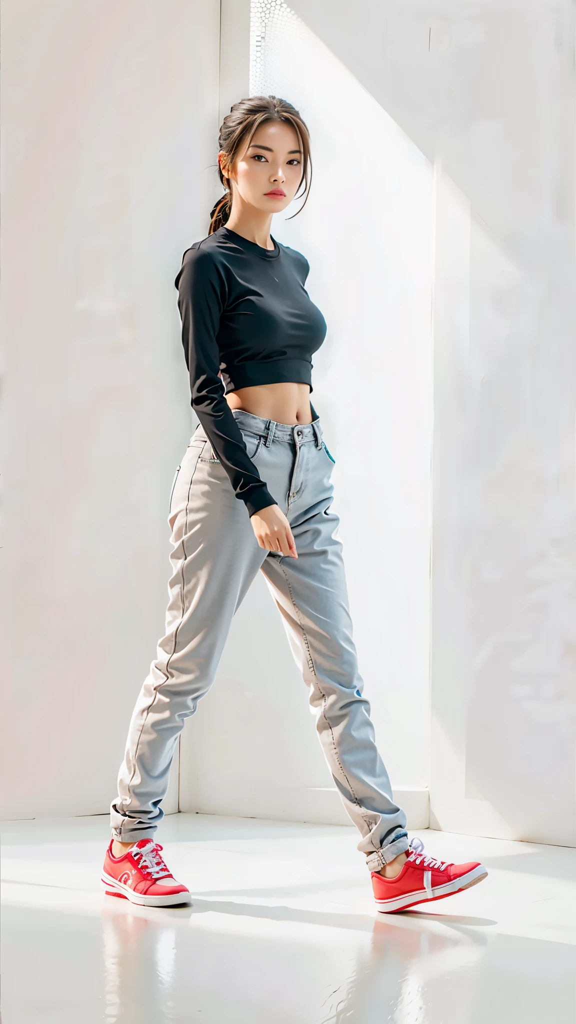 16K, Masterpiece, photorealism, A girl walks to her full height, a girl with dark long hair, a girl dressed in a white top, light jeans, white sneakers, white background,