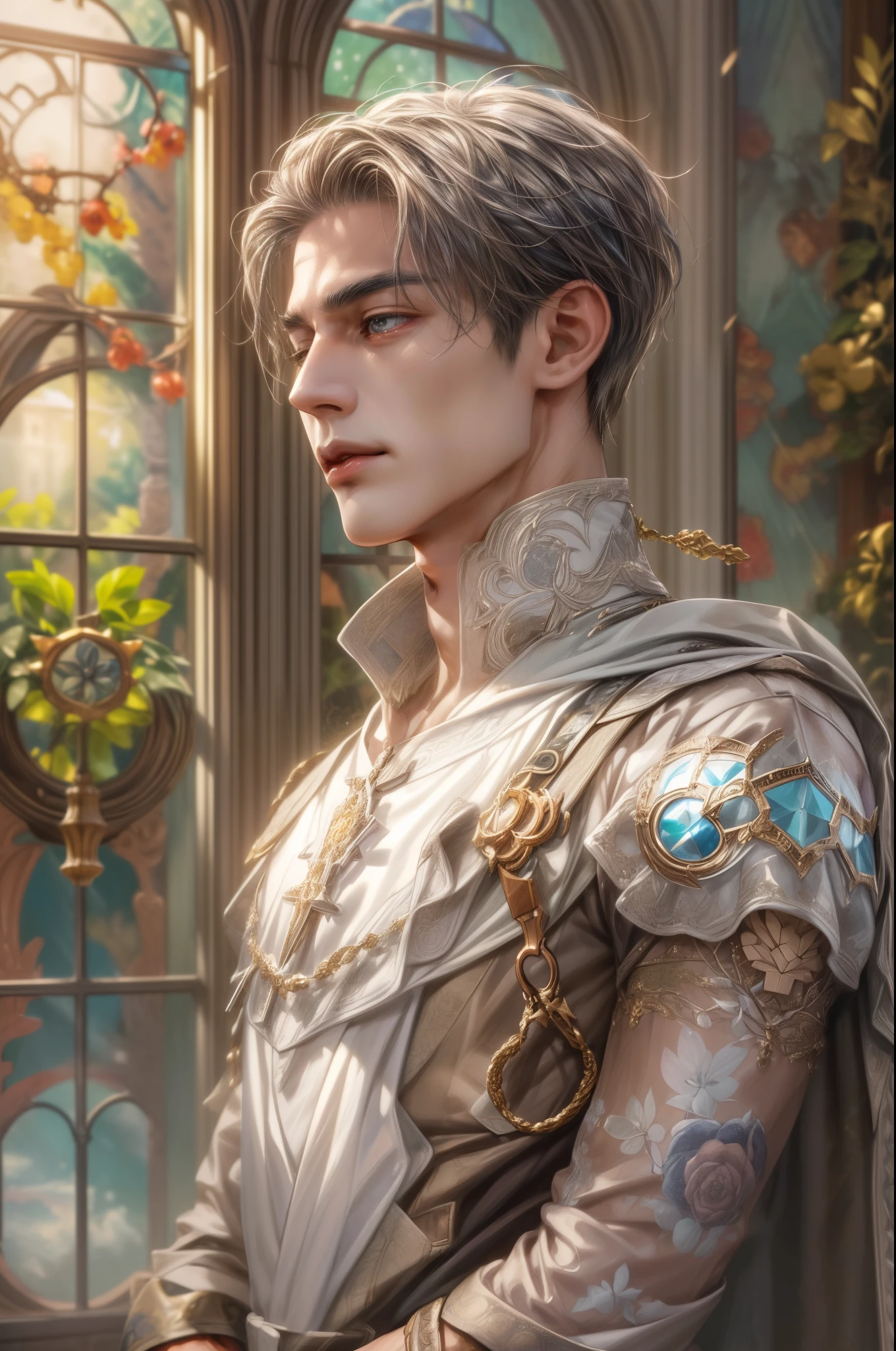 (absurdres, highres, ultra detailed, HDR), masterpiece, best quality, half body portrait of a Valkyrie Anatomia character, kokuyo, arbiter hrist, handsome young boy, short hair, korean handsome face, big eyes, white eyes, detailed scenery of a gnostic mansion interiors, gnostic sky on window, gnostic candelabra, detailed character
