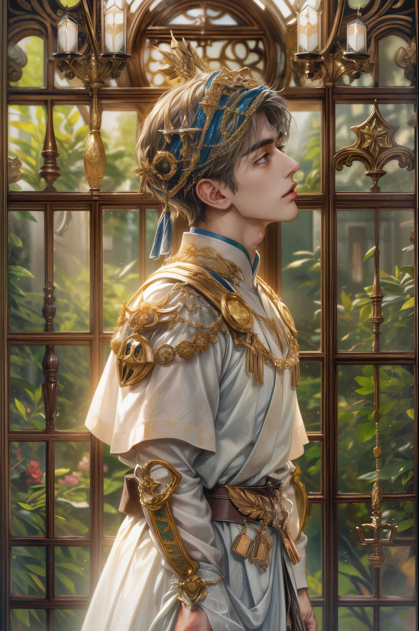 (absurdres, highres, ultra detailed, HDR), masterpiece, best quality, half body portrait of a Valkyrie Anatomia character, kokuyo, arbiter hrist, handsome young boy, short hair, korean handsome face, big eyes, white eyes, detailed scenery of a gnostic mansion interiors, gnostic sky on window, gnostic candelabra, detailed character