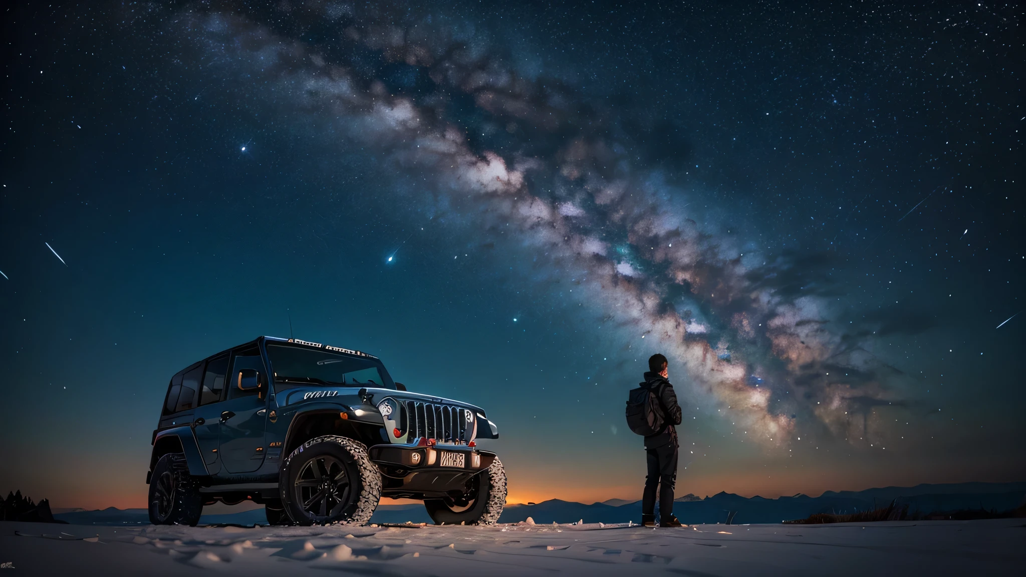 Super High resolution, High resolution, genuine, detailed pictures, North North West, cloud, scandinavian, night sky, starry sky, beautiful, comet, look up, Ocean, look up alone, Rear view, 満天のstarry sky, grow universe, independent, grow, , youth, cap, good looking, nice, jeep, car