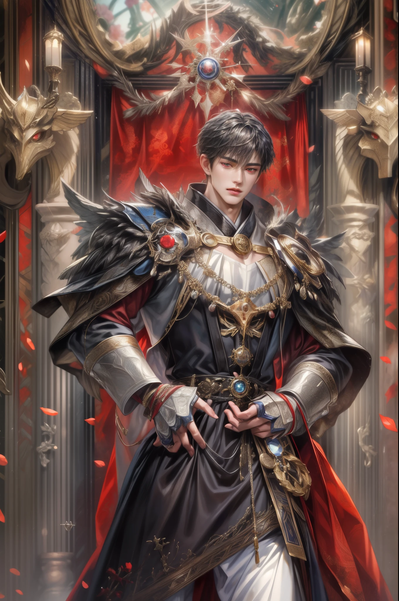 (absurdres, highres, ultra detailed, HDR), masterpiece, best quality, close-up picture of a Valkyrie Anatomia character, kokuyo, arbiter hrist, handsome young boy, short hair, korean handsome face, big eyes, red eyes, detailed scenery of a gnostic mansion interiors, detailed character