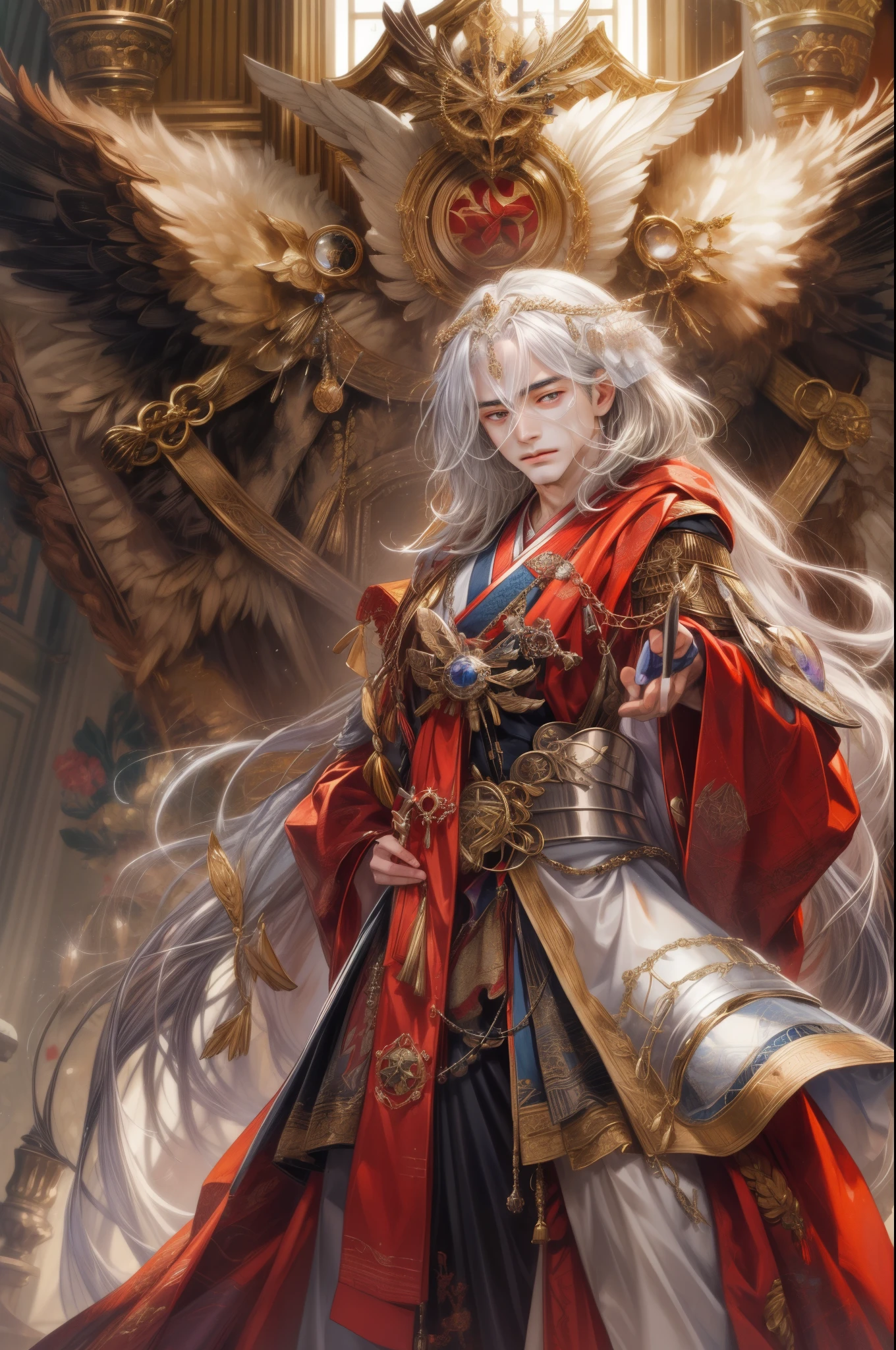 (absurdres, highres, ultra detailed, HDR), masterpiece, best quality, close-up picture of a Valkyrie Anatomia character, kokuyo, arbiter hrist, handsome young boy, short hair, korean handsome face, big eyes, red eyes, detailed scenery of a gnostic mansion interiors, detailed character