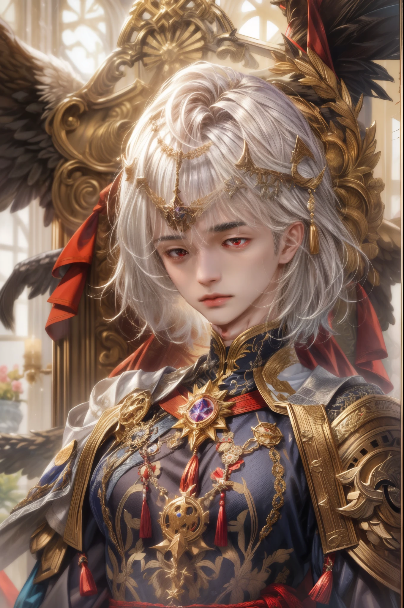 (absurdres, highres, ultra detailed, HDR), masterpiece, best quality, close-up picture of a Valkyrie Anatomia character, kokuyo, arbiter hrist, handsome young boy, short hair, korean handsome face, big eyes, red eyes, detailed scenery of a gnostic mansion interiors, detailed character