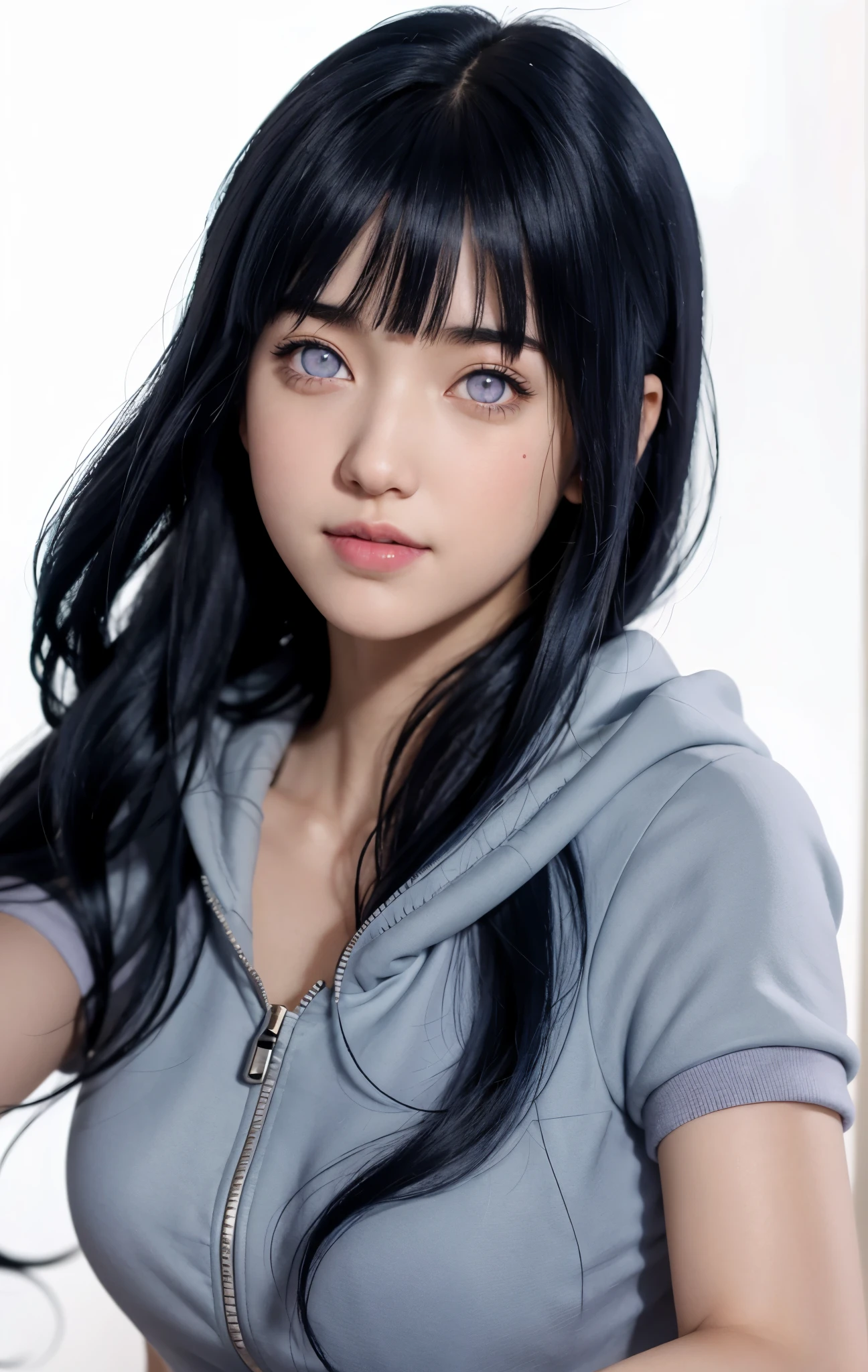 close up image of a person with long hair and a hoodie, hinata hyuga, hinata hyuga from naruto, from naruto, as an anime character, perfect anime face, she has dark blue hair with bangs, female anime character, anime characters, best anime girls, style hime cut hair, dark blue hair, pink lips, light purple eyes, smile, (pretty face:1.3)