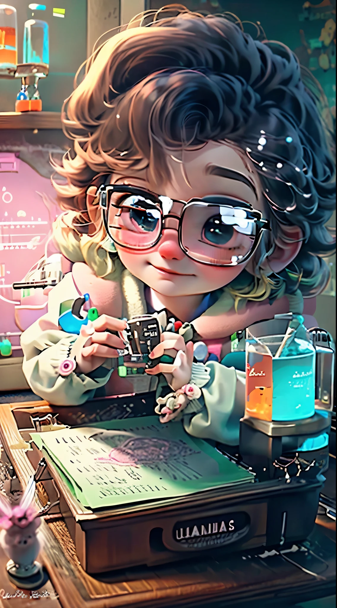 Create a series of best quality cute Geek dolls,ultra-detalhado,Realista,Science Laboratory,Chemical experiment,UHD, chemical equipment,cientistas trabalhando,copos,bico de Bunsen 8K,microscope,laboratory glassware,measuring cylinders,jalecos,laboratory safety glasses,science books,Periodic table,scientific research,descobertas,new inventions,innovation,aprendizado,education,Geek culture Geek wears a coat with details of buttons and pink brooches, PINK, her coat is charming and cute with ultra chemical details ,Curiosidade,Technological advancements,cores vibrantes,soft lighting,modern laboratory,atmosfera nerd,laboratory instruments,hypothesis testing,Scientific method,symbolic representation,Critical thinking,experimentos geeks,precision,precision,detalhes intrincados,impressive scientific setup,elementos naturais,exploration of the mysteries of science,desvendando os segredos da natureza.