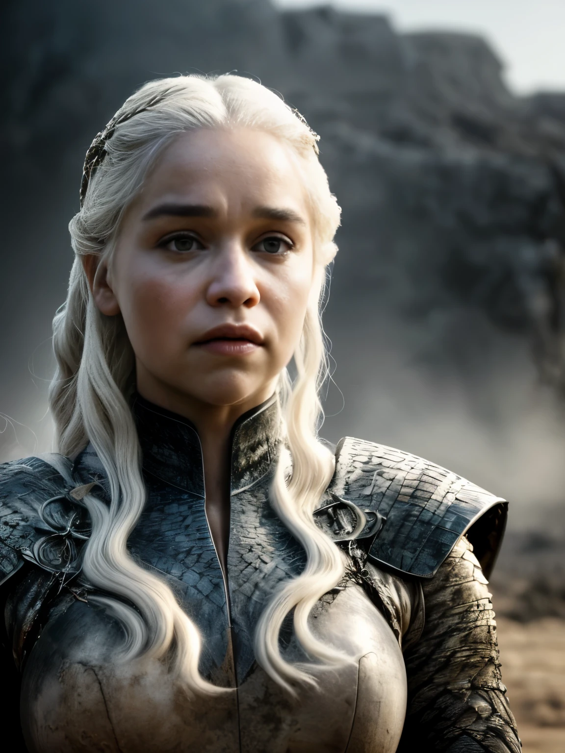 a detailed realistic close up of Daenerys Targaryen, Emilia Clarke 30 years old, mud, dust, cinematic shot on canon 5d, ultra skin intricate clothes accurate hands, macro image detailed, shots, badass look, action, perfect eyes, best quality, extremely sharp focus face, analog fine film grain, post apocalyptic, cinematic, realistic, trending artstation, helicopter, focus, studio photo, details, highly rutkowski, intricate, busy, raw, 4k, 8k, isometric, digital smog, 3d render, octane volumetrics, sf, artwork masterpiece, ominous, matte painting movie poster, golden ratio, cgsociety