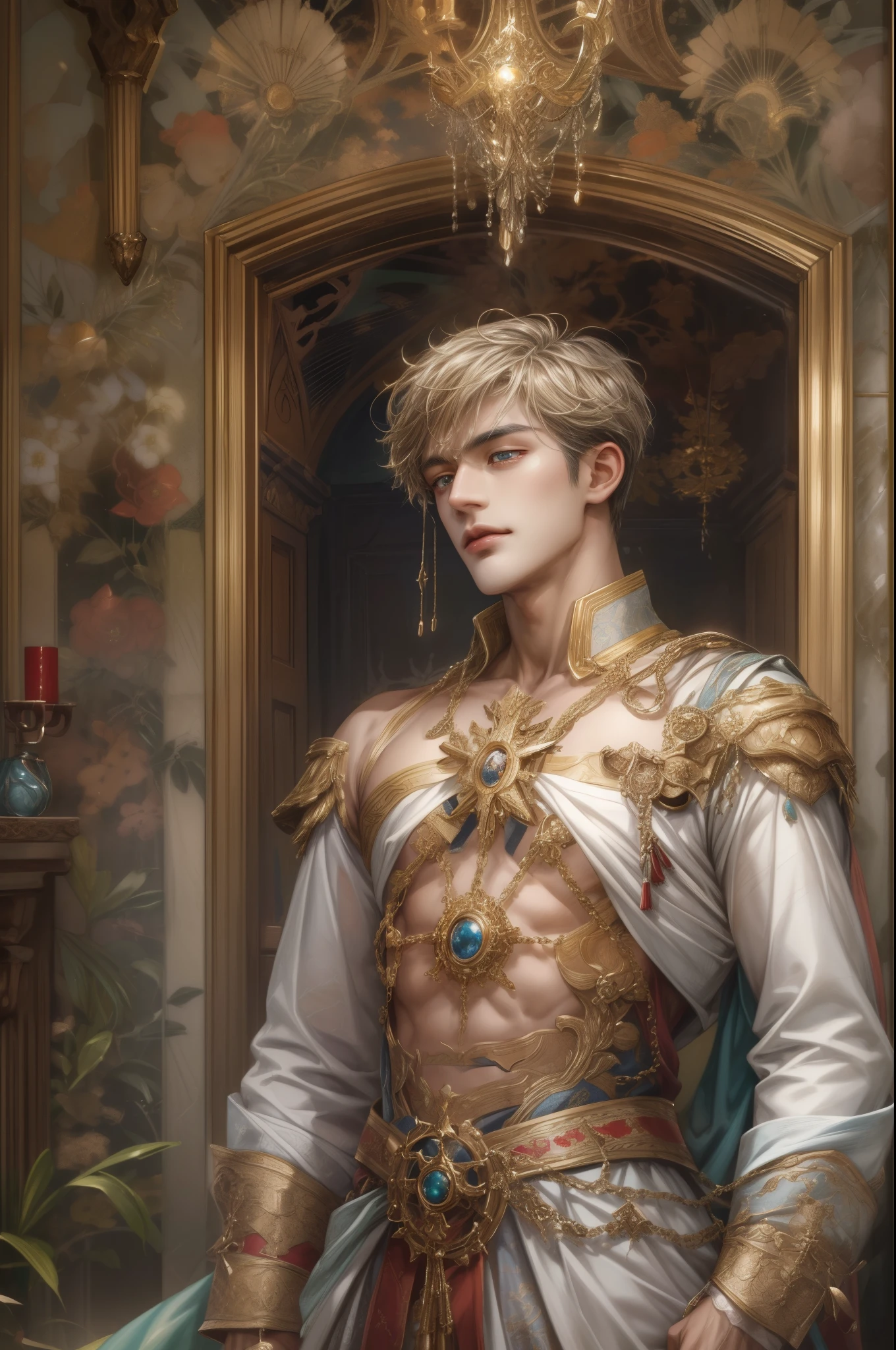 (absurdres, highres, ultra detailed, HDR), masterpiece, best quality, half body portrait of a Valkyrie Anatomia character, kokuyo, arbiter hrist, handsome young boy, short hair, korean handsome face, big eyes, white eyes, detailed scenery of a gnostic mansion interiors, gnostic sky on window, gnostic candelabra, detailed character