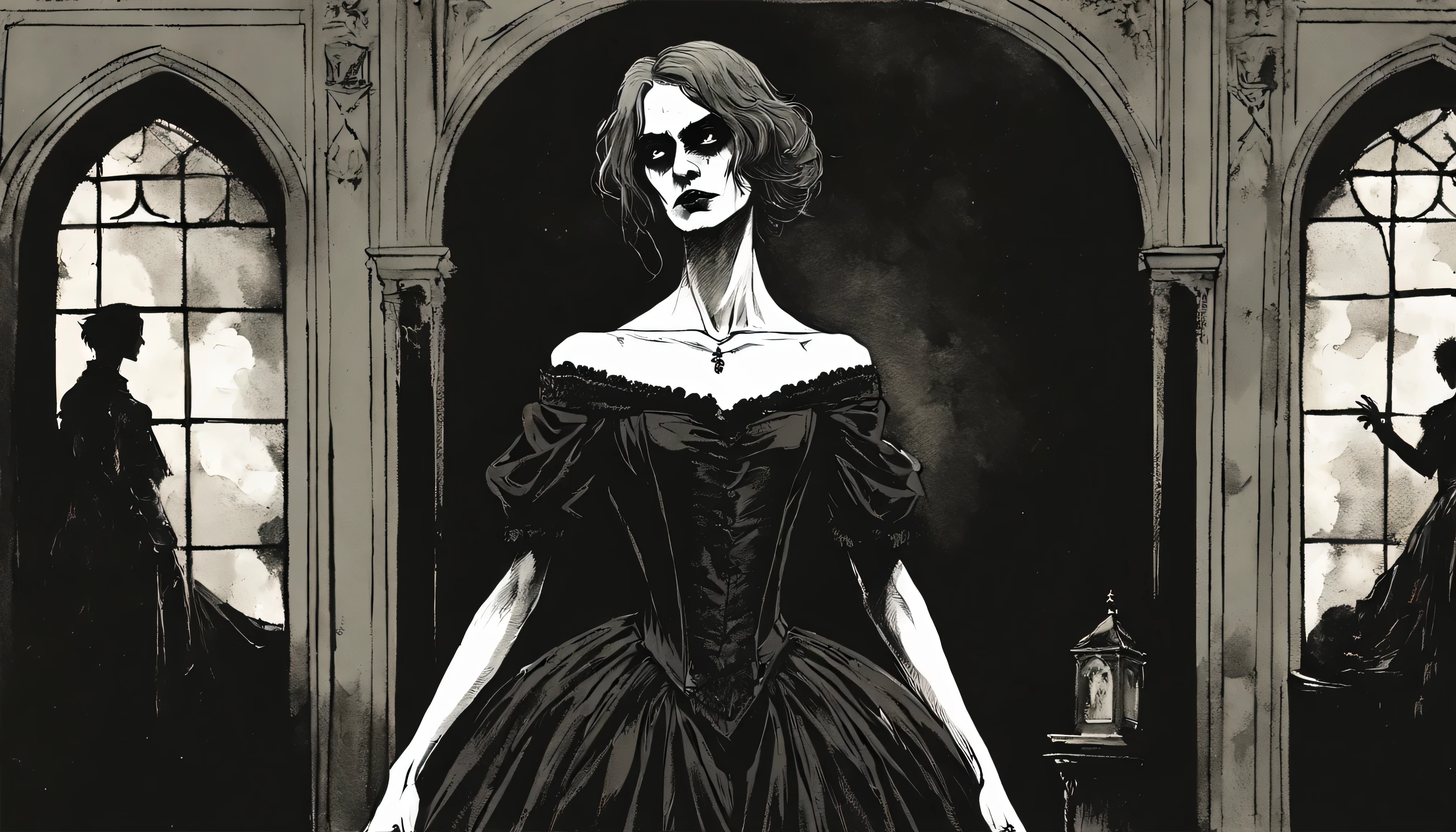 cohesive single image, illustration of Sadistic the rapper portraying Dorian Gray, inside bleak drab dim manor next to graveyard, moonlit night, incorporate aesthetics of Sadistic's dark prose, focusing on overwhelming Gothic aesthetics, forsaken love, Dorian Gray next to mirror showing true sinister reflection of horror, Dorian with hand and arm outstretched for forlorn lost love, a sorrowful woman in Gothic all black silk gown who is looking away, shadows and darkness mingle into an insatiable abyss, candid, cursed, haunting, spirit photography