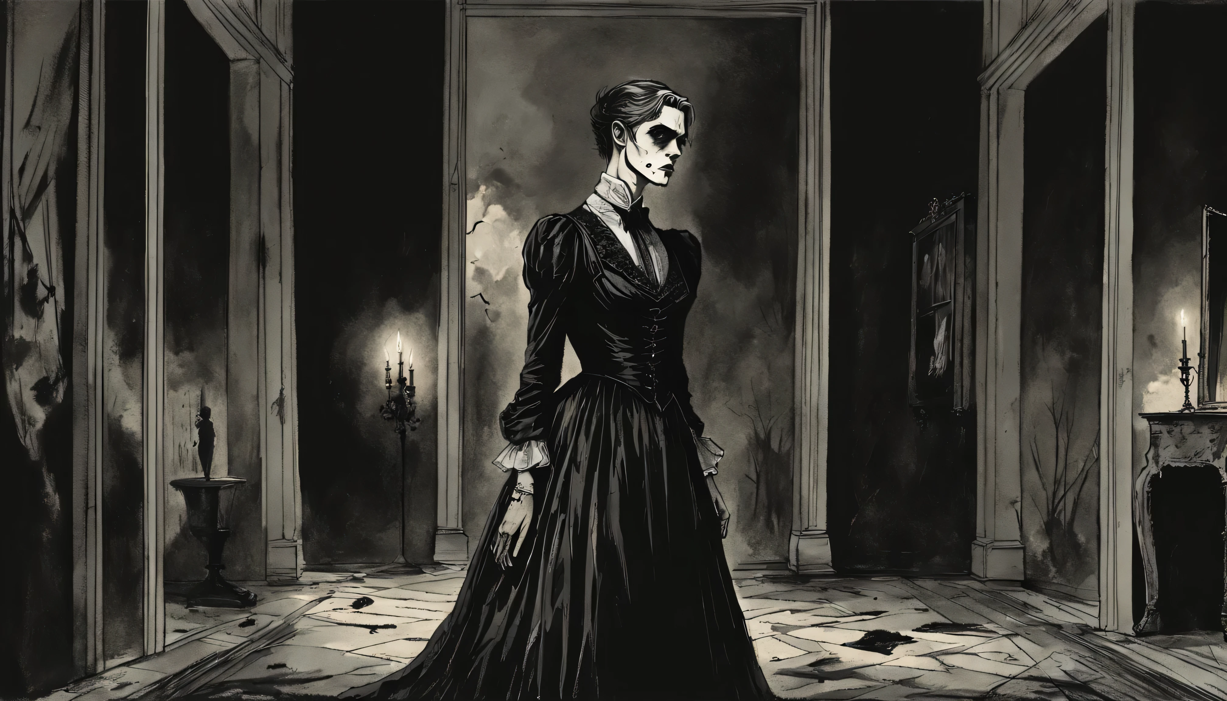 cohesive single image, illustration of Sadistic the rapper portraying Dorian Gray, inside bleak drab dim manor next to graveyard, moonlit night, incorporate aesthetics of Sadistic's dark prose, focusing on overwhelming Gothic aesthetics, forsaken love, Dorian Gray next to mirror showing true sinister reflection of horror, Dorian with hand and arm outstretched for forlorn lost love, a sorrowful woman in Gothic all black silk gown who is looking away, shadows and darkness mingle into an insatiable abyss, candid, cursed, haunting, spirit photography