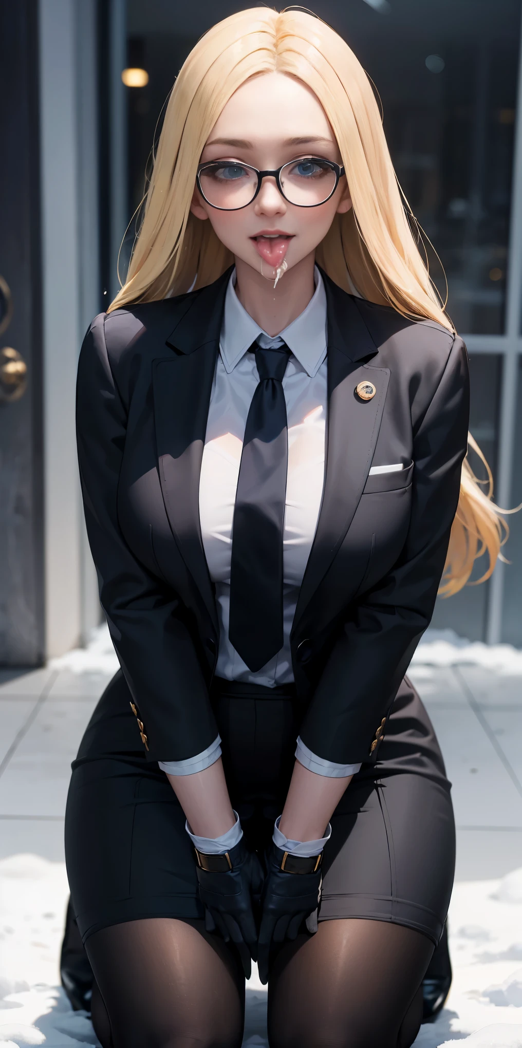 masterpiece, best quality, blonde hair, sfKolin, glasses, black shiny skirt suit, (((three-piece suit))), necktie, blazer, suit jacket, waistcoat, bodycon skirt, snow, grey sky, black gloves, holding clipboard, smiling, looking at viewer, kneeling, blowjob, penis in mouth, oral sex, fellatio