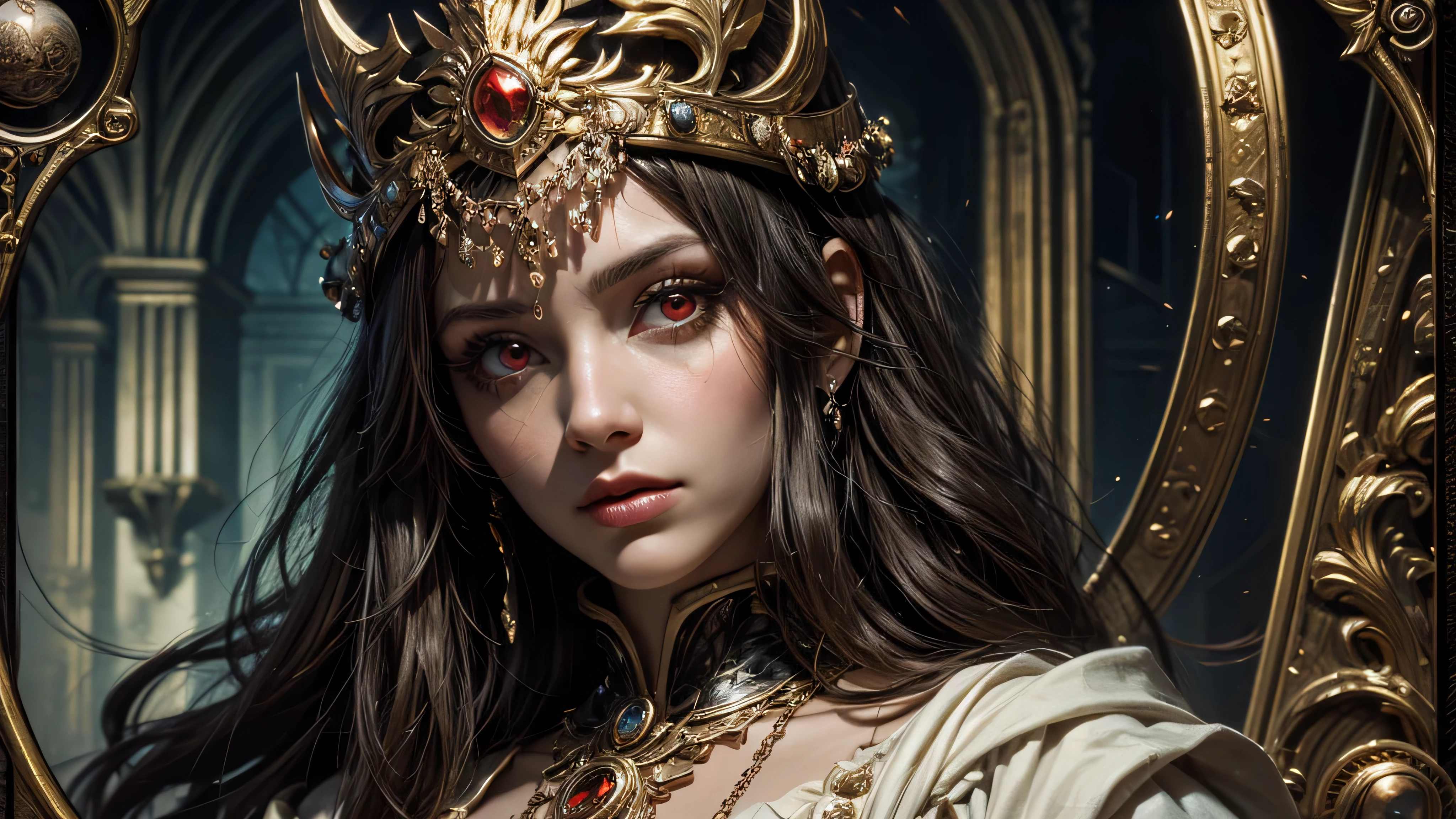 Type of Image: digital illustration, Subject Description: Empress Seraphina, age 28, during her majestic and ethereal coronation ceremony in the most opulent hall of the royal palace. She exudes an elegant and commanding aura, her features refined and crowned with a diadem that radiates exquisite beauty and formidable power. Her coronation attire is the pinnacle of elegance and sorcery, a breathtaking gown of midnight black interwoven with threads of gold and deep crimson, symbolizing her imperial authority and the arcane mysteries she controls. The fabric seems ethereal, shimmering with a life of its own, adorned with symbols of ancient power and protection. Draped over her shoulders is a cloak that seems woven from the very essence of night, secured with a brooch that bears the majestic emblem of The Holy Empire of Etreal. Clasped in her hand is a scepter, an artifact of undeniable power and elegance, rumored to contain a shard of pure darkness at its core, symbolizing her alliance with shadow realms. The grand hall is a vision of otherworldly beauty, bathed in soft, ambient light that casts a gentle glow on her, creating a scene of divine majesty. Nobles and subjects alike are captivated by her ethereal presence, the air filled with the scent of rare incenses, marking the beginning of a new era under her reign, Art Styles: ethereal fantasy, Renaissance elegance, Art Inspirations: celestial imagery, high fantasy art, Camera: medium telephoto, Shot: full length, Render Related Information: ultra-high resolution, intricate details emphasized with soft, glowing lighting to enhance her ethereal and majestic aura, with a focus on the ethereal quality of her attire and the mystical ambiance of the setting.