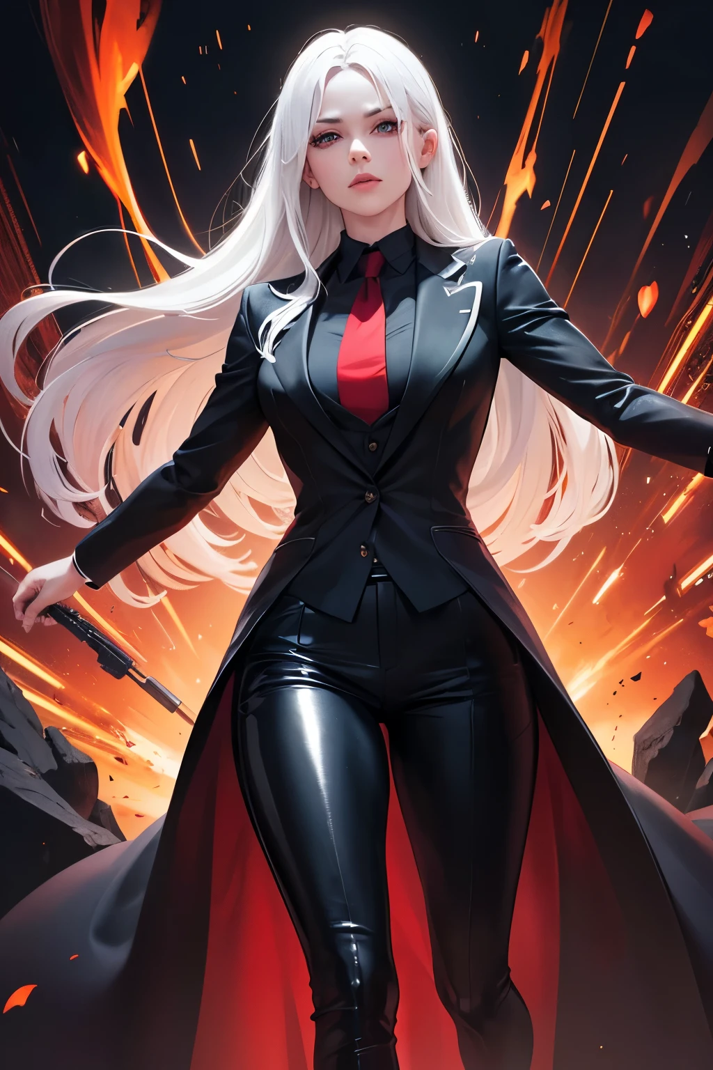 full-length image of a 40-year-old female agent dressed in a red three-piece suit and a black shirt (translucent 1.3) e uma gravata branca, Manchas de tinta, tinta fresca, vibrante, Dynamic Pose, 8K, Alto detalhe, cinematic, como filme de anime, (tecido delicado 1.2), (tecido translucent 1.4), pale skin, cabelo desgrenhado, high resolution, rosto bonito, rosto detalhado (rosto bonito 1.3), olhos detalhados, dark lashes, (Corar 1.2), (pernas detalhadas 1.3), (feet detailed 1.3)