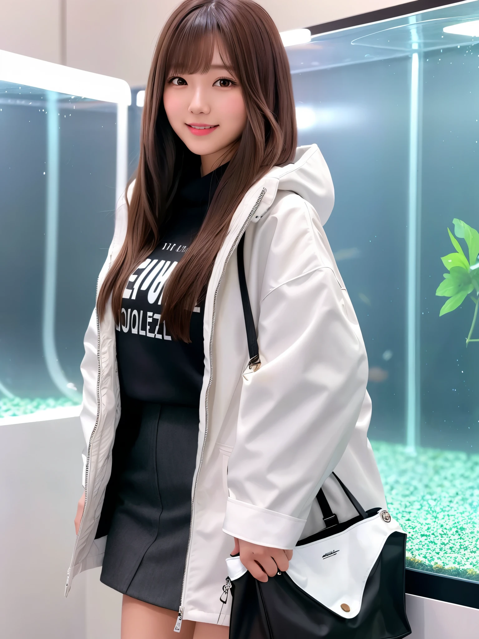 product quality, 1 girl, cowboy shot, front view, a Japanese young pretty girl, long bob hair, standing with a big smile in a crowded aquarium in a big city, shiny satin white down parka over a black sweater, black miniskirt, a tote bag over her shoulder, hyper cute face, glossy lips, double eyelids for both eyes, natural makeup, shiny smooth light brown hair of long bob hair, asymmetrical bangs, high resolution, high detail, detailed hairstyle, detailed face, cinematic lighting, octane rendering, hyper realistic, perfect limbs, perfect anatomy