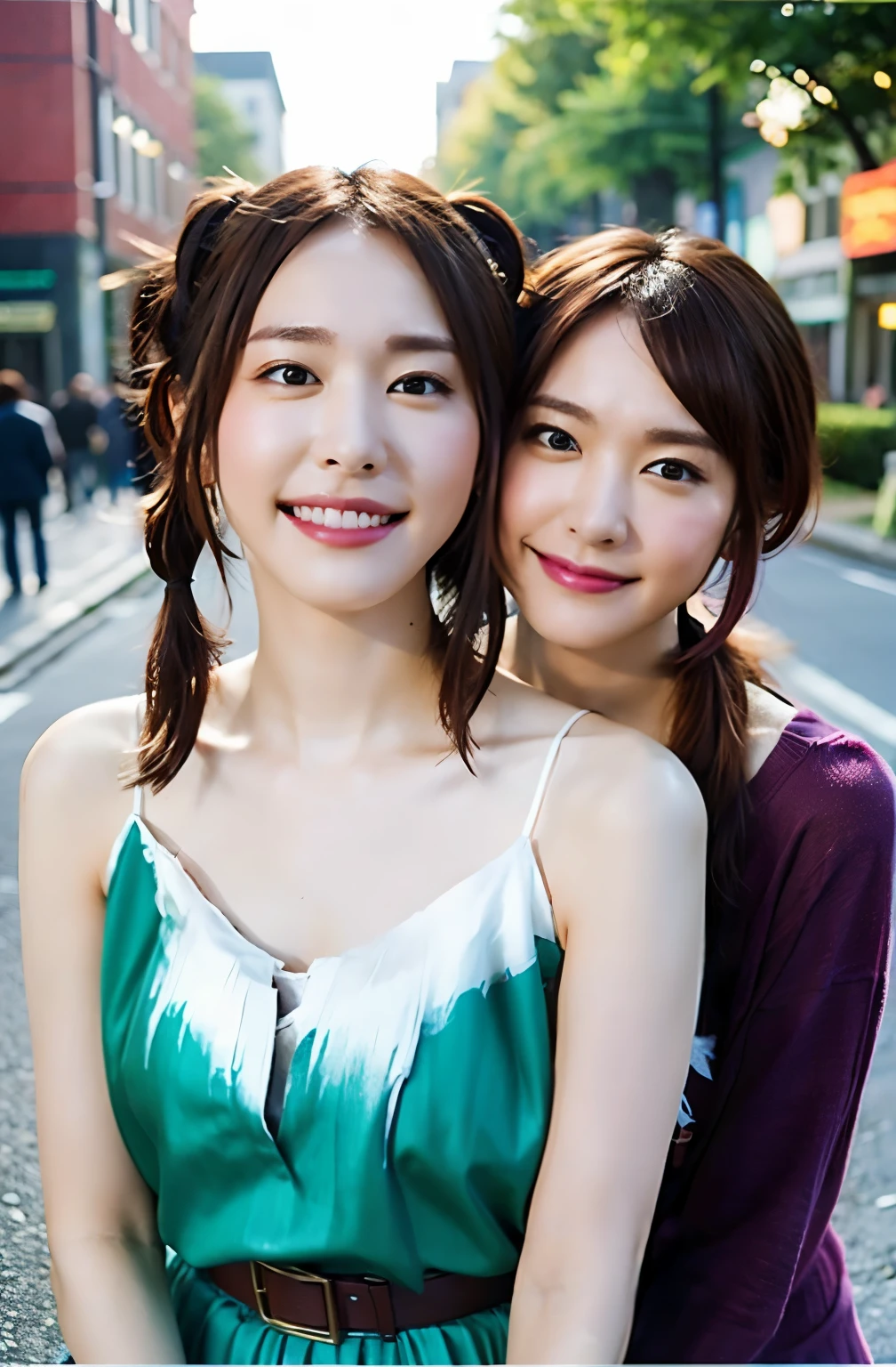 shukezouma, Rendering with Octane, nffsw, (super detailed:1.15), (soft light, sharp:1.2), (((duo,Two girls in costume take a selfie on the street,smile、、colorful pigtails, anime cosplay,))),beautiful Girl, hyper detail eyes, mature, paint drop, tears滴をペイントする, girl made with paint, paint completely, splat, splash, long colored hair,paint light bulb,paint drop, exposed shoulders, tears,I can see your shoulders, thighs are exposed, half naked, focus on the face, beautiful face, eye shadow, bear outline, Russian face, russian girl, mascara, beautiful, 18-year-old