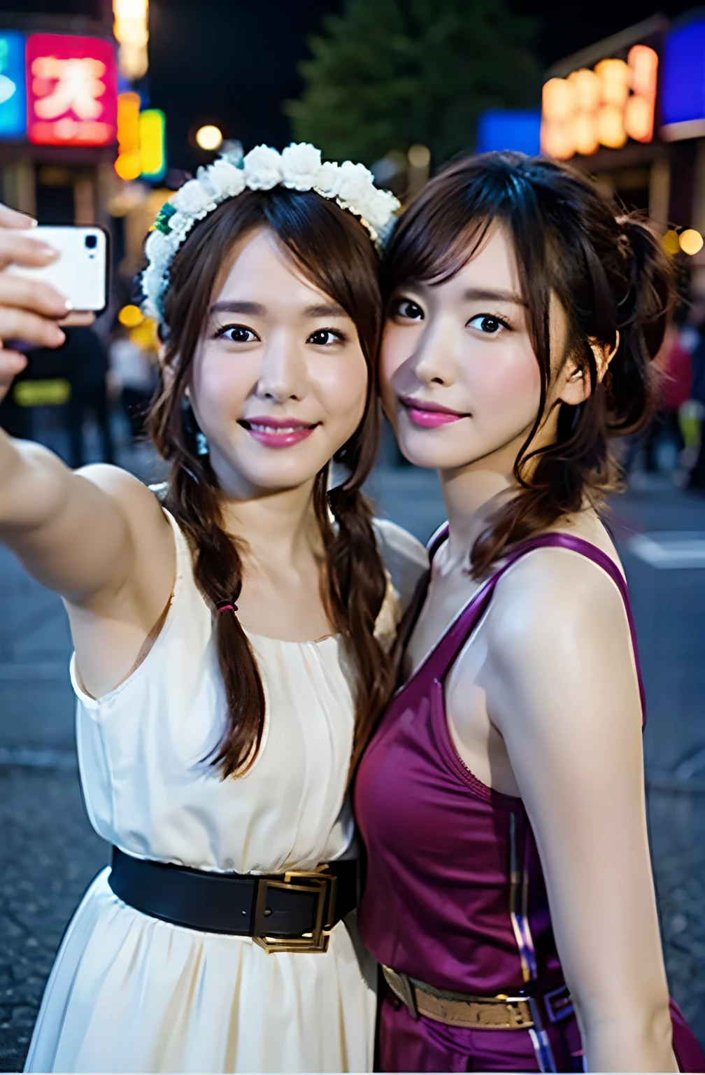 (((new york, Times square,Two women taking a selfie:1.4))),Dynamic, cinematic photos,(Ultra Realistic, High resolution), (Highly detailed eyes, Highly detailed hair, highly Detailed face, Highly detailed plump lips，Perfect Anatomy),(highest quality:1.4), (Realistic, photo-Realistic:1.37), Professional photography, Cinematic Light, (Detailed face: 1.2),Looking at the audience, Brunette woman,slim,(Beautiful leg lines ),(Famous Japanese actresses:1.2),Highly detailed skin,very thin fingers, Highly detailed nose, Highly detailed mouth,Very beautiful legs,Highly detailed background,RAW Photos,smile