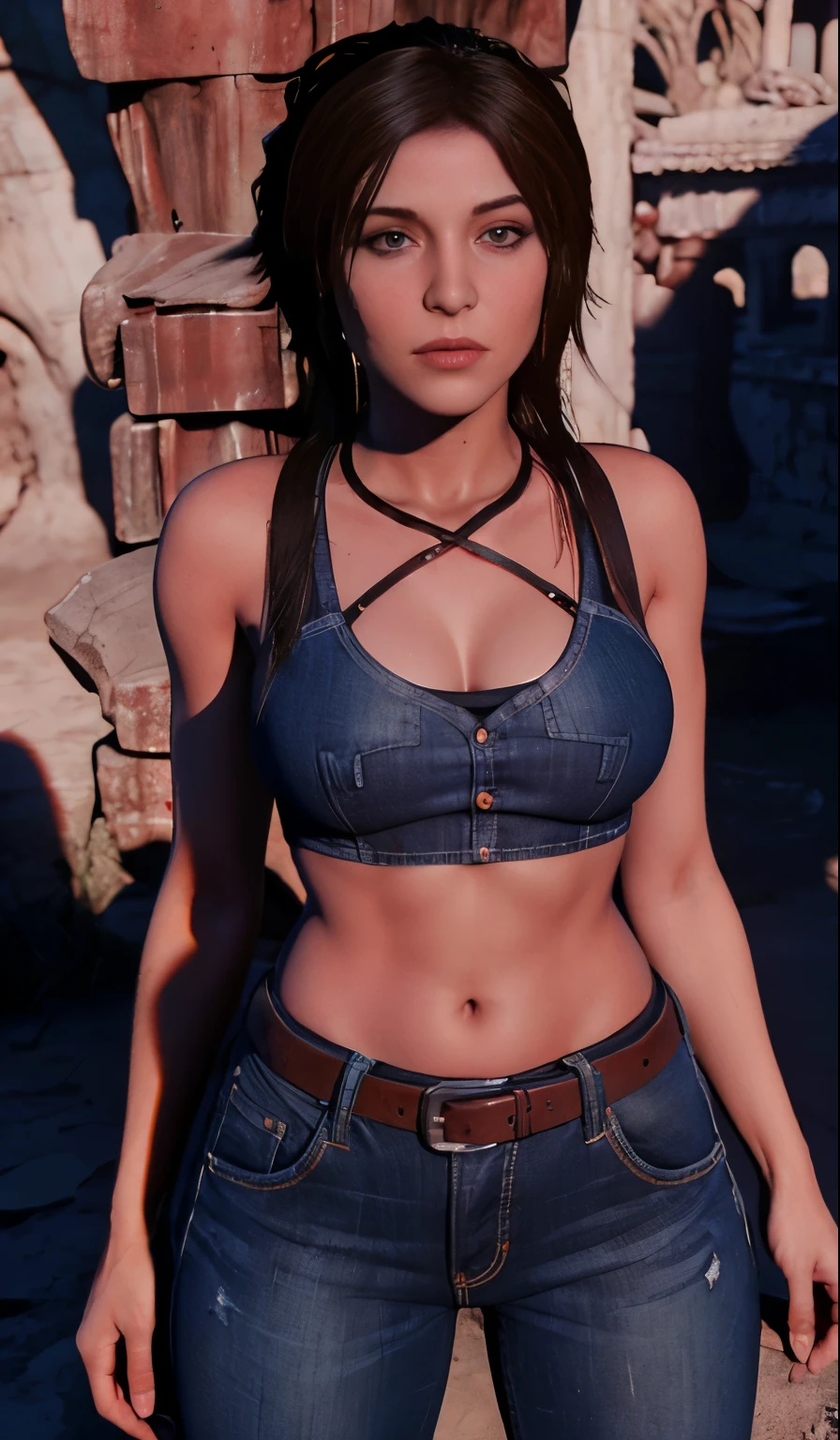 uma foto profissional de rottr_mulher lcraft, vestindo uma camisa cinza sem mangas com decote em V muito longo, denim trousers, tactical belts around the legs, dynamic pose standing on the Great Wall of China sunbathing, iluminado de rosto, ((Pele extremamente detalhada)), (Perfect perfect eyes))), (curvy hips:0.8), (Cinematic lighting), (fotorrealista:1.2), (desaturado:1.08), 8K, dslr, (bokeh), ultra high resolution