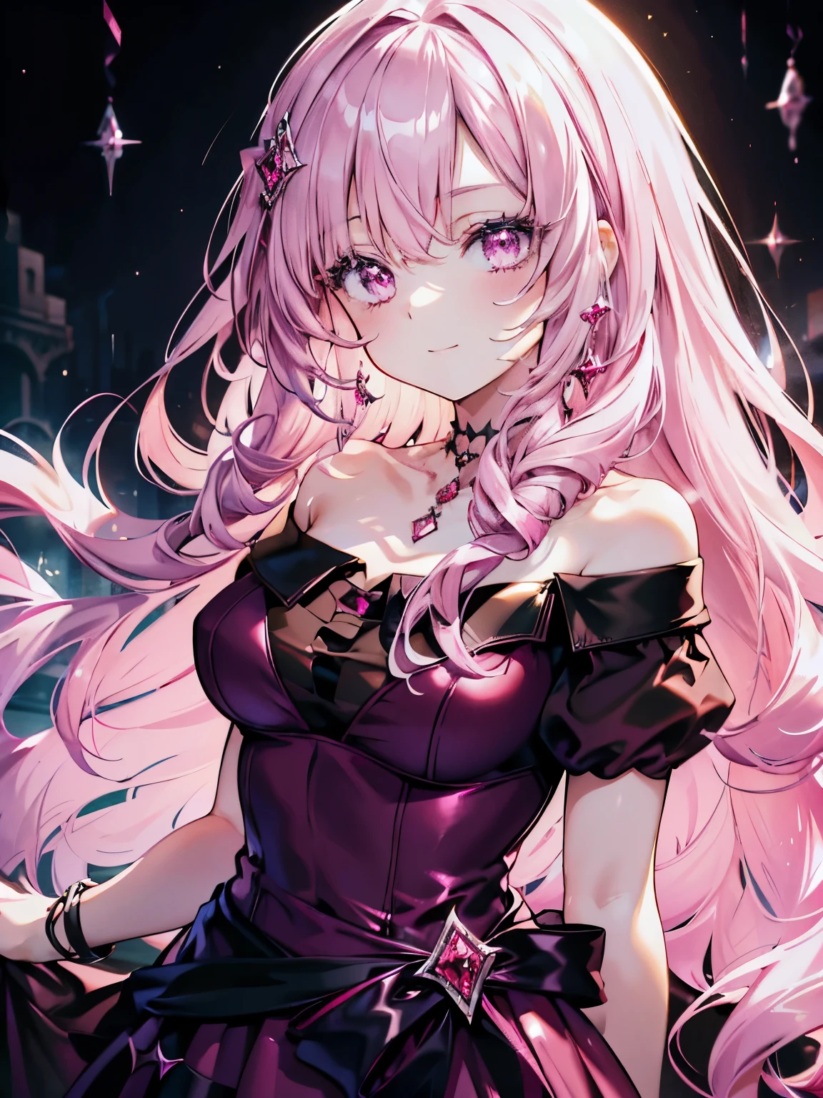 Masterpiece, best quality, extra detail, (beautiful girl), (light pink rolling hair), (dark red and black gorgeous dresany jewelry), sharp light pink eyes, dark smile, jewelry’s rain, shiny, brightly, dramatic lighting