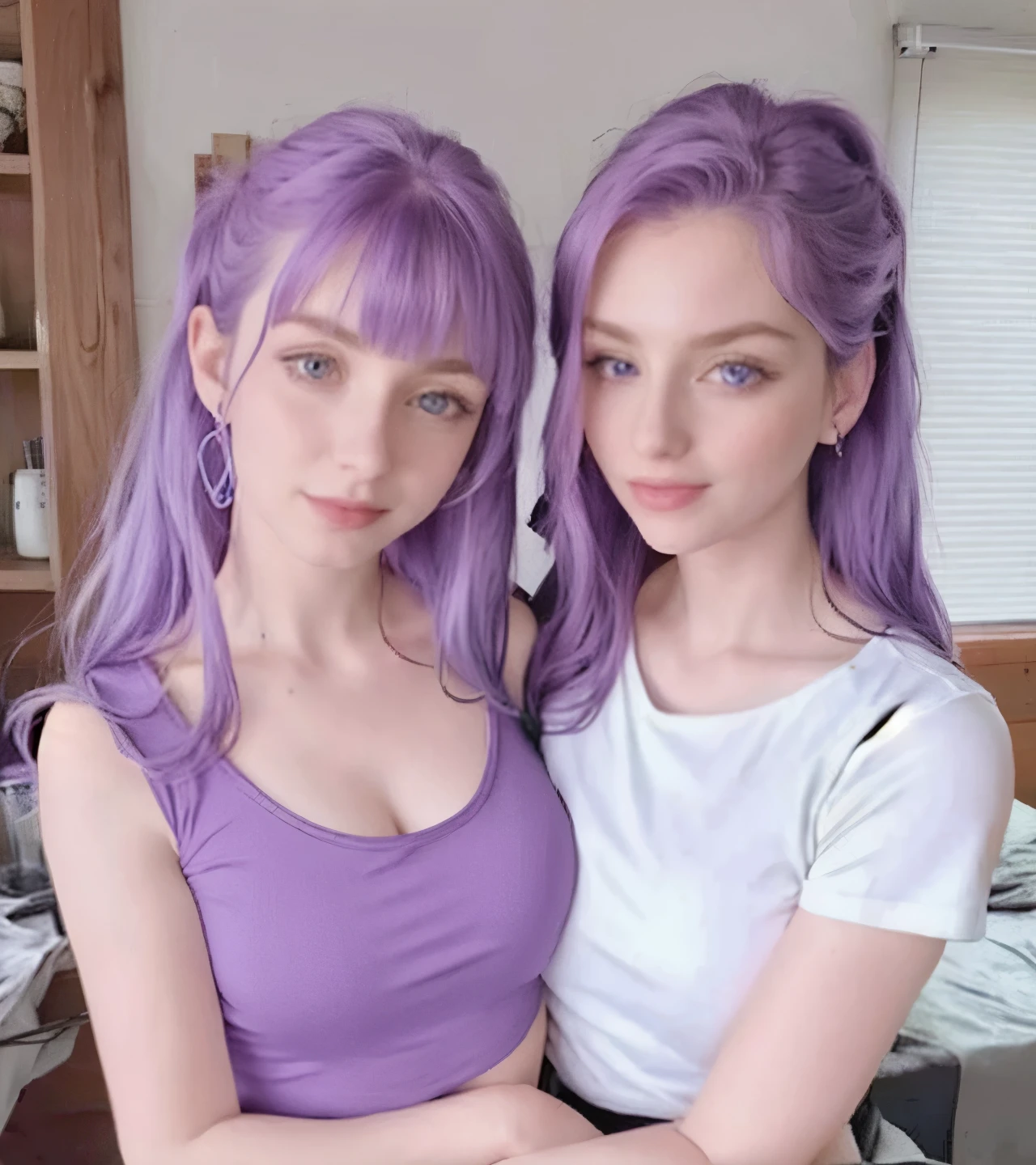 arafed woman with purple hair holding a knife and fork, she has purple hair, pale skin and purple eyes, wearing purple undershirt, full pov, purple top, amouranth, with pale skin, better known as amouranth, 2 4 year old female model, 3/4 bust, sexy look at the camera, young beautiful amouranth, (two heads)