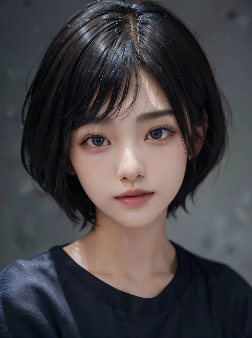 ((masterpiece、highest quality、Super detailed、High resolution、realistic、sharp focus、cinematic lighting))、(1 girl)、bust shot、beautiful face、realistic face、(black hair、boyish short hair、side cut、cropped)、beautiful hairstyle、realistic eyes、fine and beautiful eyes、realistic skin、beautiful skin、thick blue hoodie、University logo included、smile、fold your arms、confused、charm、golden ratio