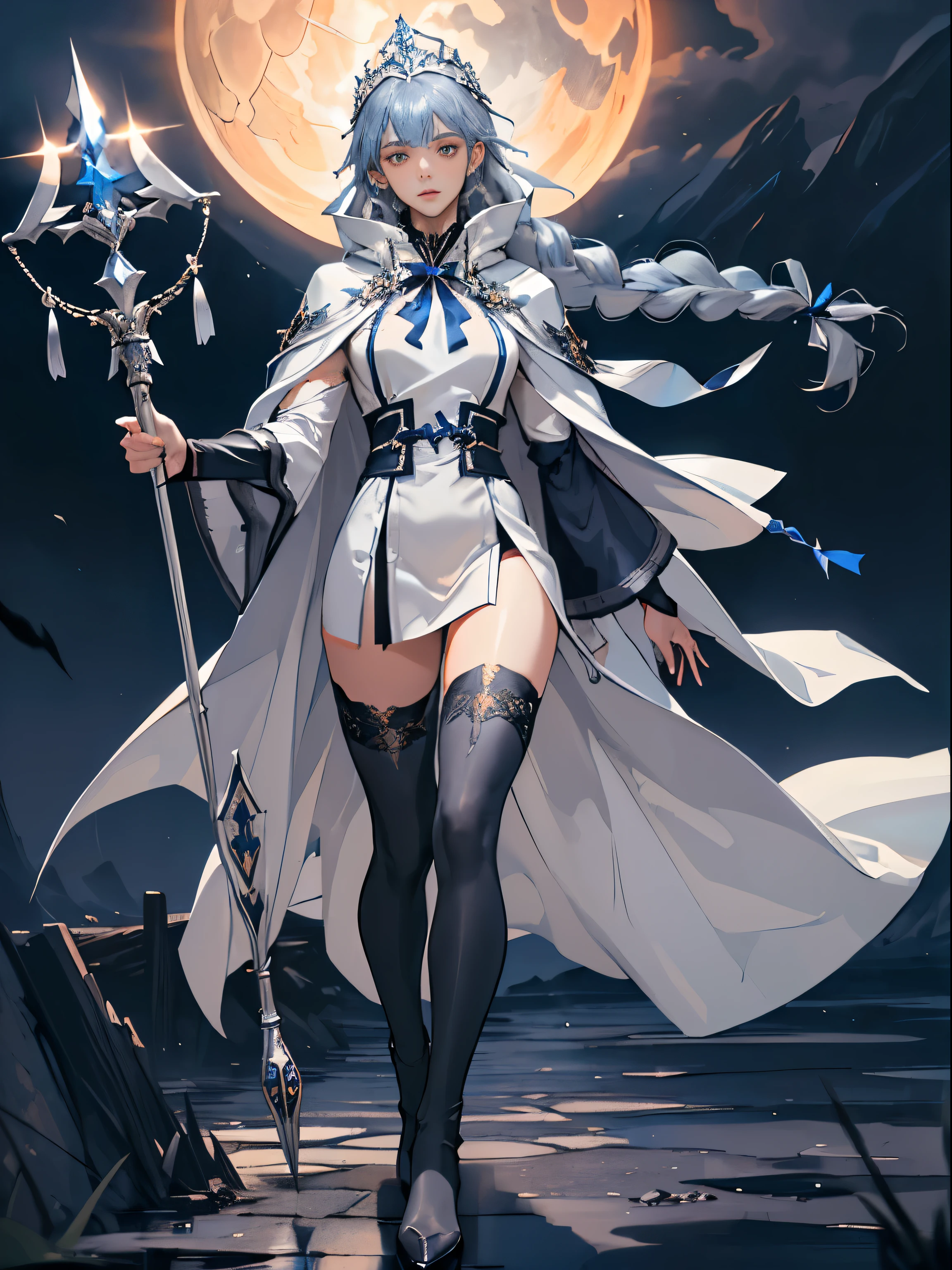masterpiece, super detailed, 8K portrait, RAW photo, portrait photography, highly detailed face, beautiful and detailed eyes, ((fantasy)), young and beautiful, 22 years ago, dynamic pose, (((No expression))), (((Blue-gray hair))), ((One side is braided with an orange hair ribbon))), dull bangs, white skin color, ((silver tiara)), luxury, (((silver silk long cloak))), (((Gorgeous deep blue long gloves))), (((dark thigh high tights))), High Cut Leather Boots, ((Lift a long magic wand)), midday sun, surreal, body model, small breasts, beautiful breasts, long legs, inside the castle, environmental lighting, shadow details , Focus the camera on the thigh, strong wind, light fog