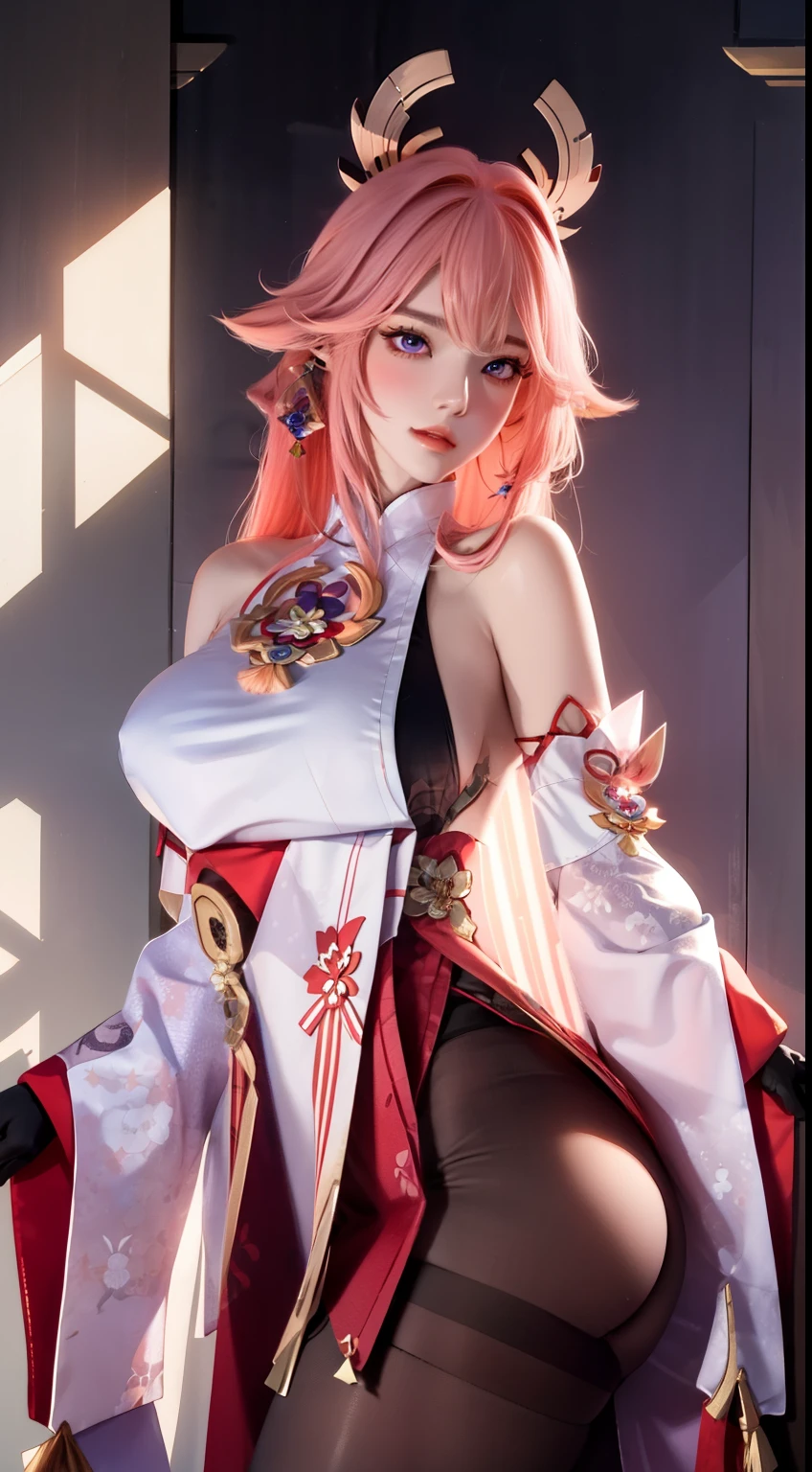 lifelike, high resolution, 1 female, alone, Buttocks up, look at the audience, (Detailed face), ahog, architecture, Bangs, bare shoulders, bell, black Gloves, black pantyhose, (pink hair),headgear,purple eyes, blush, huge breasts, Chinese knot, Detached sleeves, east asian architecture, rosette, Gloves, trumpet, long hair, employment \(Genshin Impact\)