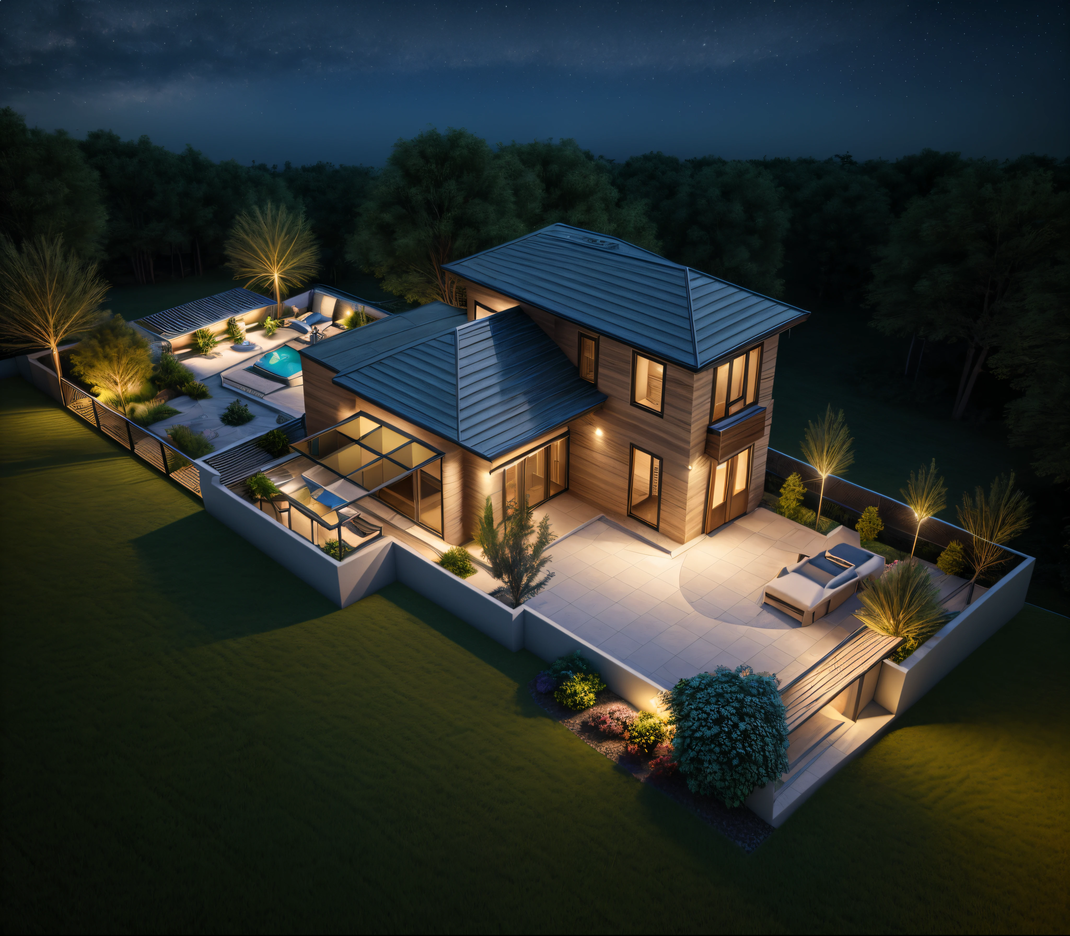 ((Masterpiece)), (best quality), (ultras Realistic), 8k, Raw photo , rendering ,mid-view, precise architectural rendering, residential, artistic render, rendering, rendering of the windigo, award-winning render, high quality rendering, night time render, lighting concept, exterior