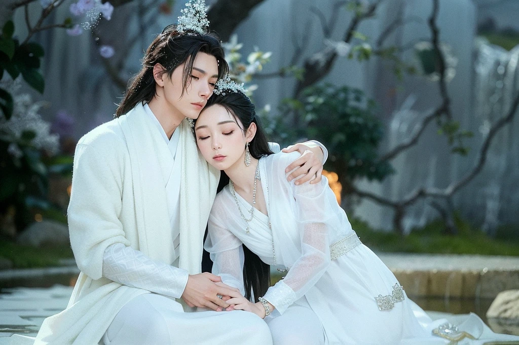 Man and woman dressed in white sit together,The background is a waterfall,Bare tree,brunette color hair,bblurry,vague background,Blurred foreground,bokeh,With his eyes closed,depth of fields,jewely,motionblur,exteriors,Photo background,yuki,The tree,Winters,wisteria, Bright Ultra HD, retinas, Masterpiece, ccurate, Anatomically correct, Textured skin, Super detail, High details, High quality, Best quality, A high resolution, 8K, HD