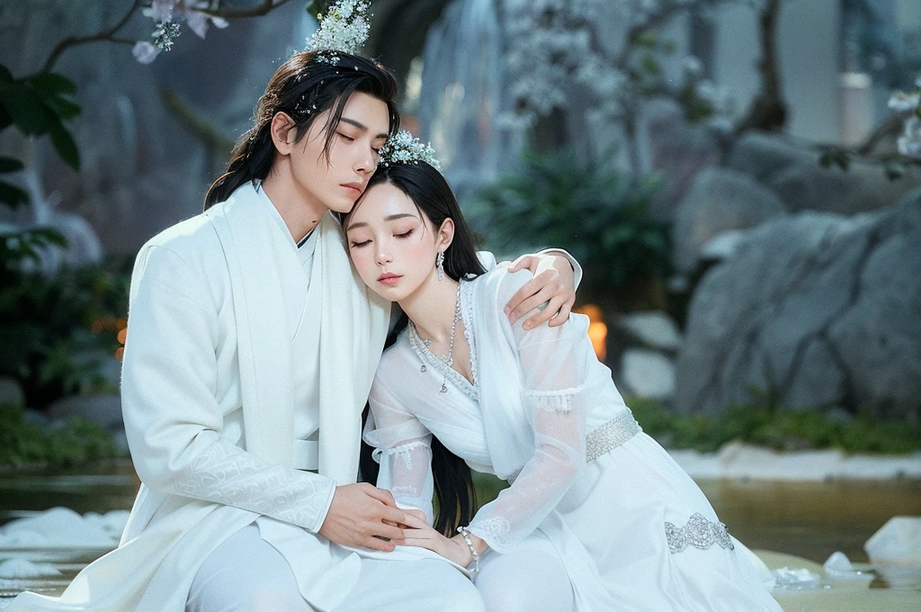 Man and woman dressed in white sit together,The background is a waterfall,Bare tree,brunette color hair,bblurry,vague background,Blurred foreground,bokeh,With his eyes closed,depth of fields,jewely,motionblur,exteriors,Photo background,yuki,The tree,Winters,wisteria, Bright Ultra HD, retinas, Masterpiece, ccurate, Anatomically correct, Textured skin, Super detail, High details, High quality, Best quality, A high resolution, 8K, HD
