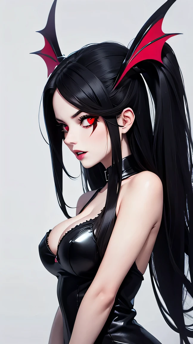 punk rock demon woman with long black hair, sharp teeth, glowing red eyes, bat wings on back, ram horns, hazbin hotel