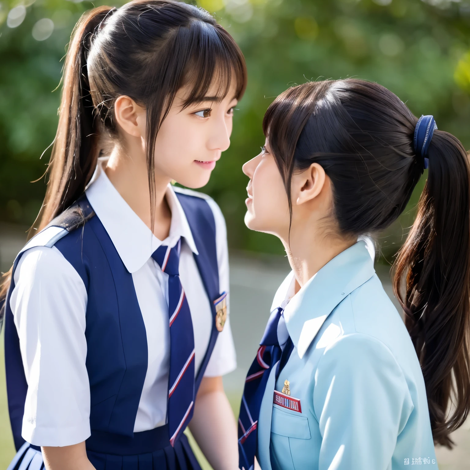 Japanese high school girl。Hair style is ponytail。Having sex in uniform