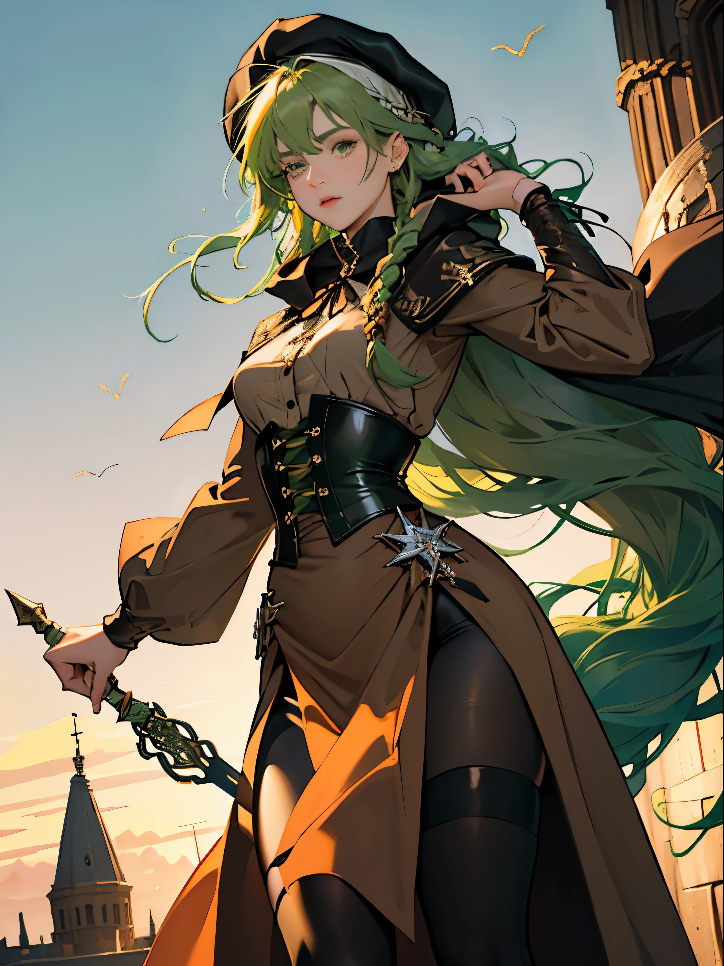 masterpiece, Super detailed, 8K portrait, RAW photo, portrait photography, highly detailed face, beautiful and detailed eyes, ((fantasy)), young and beautiful, 22 years ago, dynamic pose, (((long straight deep green hair))), ((One side is woven with orange ribbon)), dull bangs, beret, white skin color, luxury, hooded (((Dark brown))) (((Silk Long Cloak))) fluttering in the wind, (((dress shirt))), (((silk maxi skirt))), leather corset, (((dark thigh high tights))), High Cut Leather Boots, (((Lift a long magic wand))), ((wear a pocket watch)), midday sun, surreal, body model, small breasts, beautiful breasts, long legs, city, environmental lighting, shadow details , focus the camera on the face, strong wind, light fog