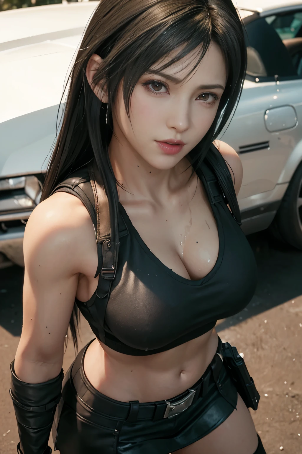 (Top Quality, Masterpiece: 1.1), (realisitic:1.3), BREAK (((FF7,Tifa_lockhart))),Ultra-detailed face, Detailed RED eyes,black Brown Hair, (Large breasts: 1.2),(A dark, old ruins:1.3,wet,dark), BREAK (((FF7,Tifa_lockhart))),(black crop top vest, brown belt, pistol holster on thigh, tactical gloves, black minileather skirt, police uniform style:1.3, black long tube flat boots, police badge on chest, police car), about 18 years old, BREAK (face focus:1.1,face close up:1.1),cool pose:1.2