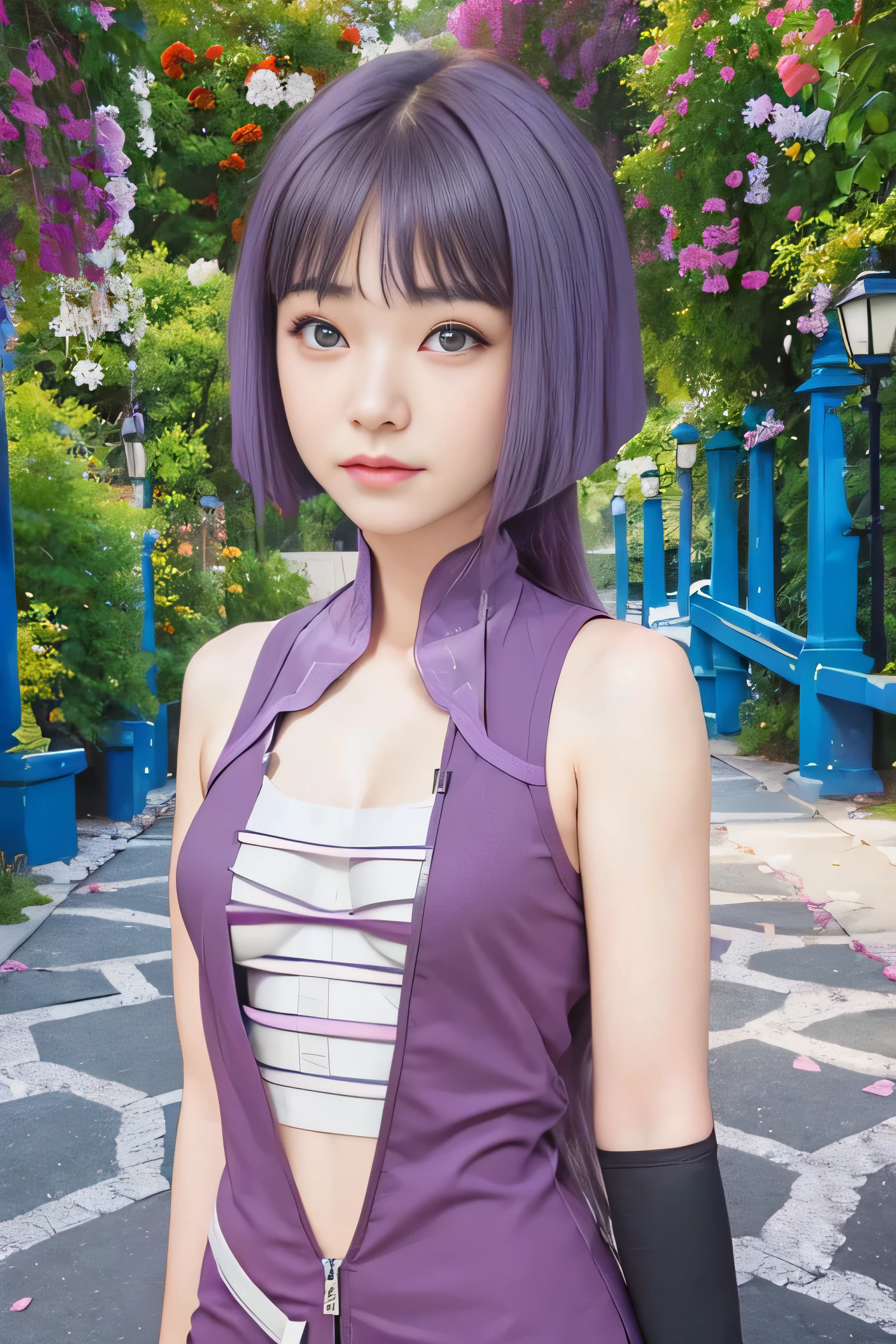 masterpiece, best quality, (realistic,photo-realistic:1.4), (RAW photo:1.2), extremely detailed CG unity 8k wallpaper, delicate and beautiful, amazing,finely detail, official art, absurdres, incredibly absurdres, huge filesize, ultra-detailed,extremely detailed eyes and face,light on face,sumire kakei,(little smile),(purple hair:1.4),(long hair:1.6),(wearing clothes:1.5),street,garden(medium breast:1.3),(bandage chests:1.5)