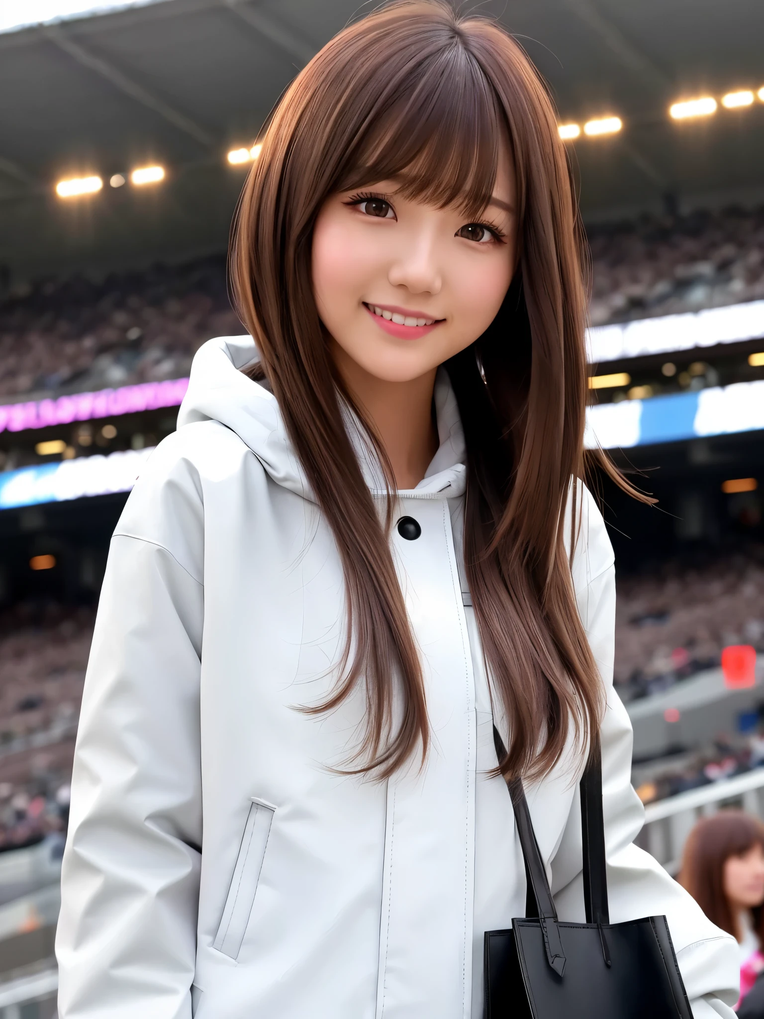 product quality, 1 girl, cowboy shot, front view, a Japanese young pretty girl, long bob hair, standing with a big smile in crowded audience seats in a football stadium in a big city, shiny satin white down parka over a black sweater, black miniskirt, a tote bag over her shoulder, hyper cute face, glossy lips, double eyelids for both eyes, natural makeup, shiny smooth light brown hair of long bob hair, asymmetrical bangs, high resolution, high detail, detailed hairstyle, detailed face, cinematic lighting, octane rendering, hyper realistic, perfect limbs, perfect anatomy