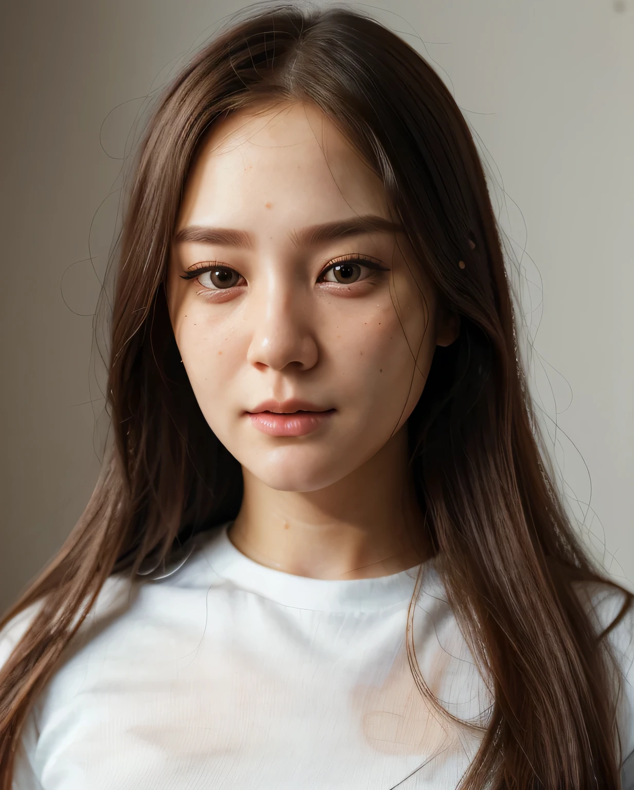 a close up of a woman with long hair and a white shirt, inspired by Sim Sa-jeong, real detailed face, with very highly detailed face, hyperrealistic teen, accurate detailed face, detailed unblurred face, single realistic face, realistically rendered face, :9 detailed face: 8, semi realistic, detailed realistic face, realistic detailed face, realism artstyle