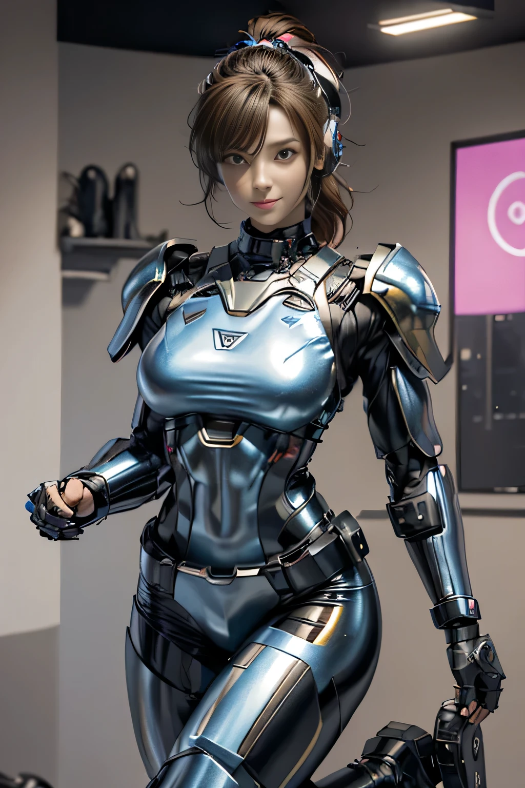 female robocop solo、Armor that completely covers the whole body、very large armor、helmet to hide eyes、rainbow armor、Armor that completely covers the chest、thin and long legs、Vibrant posel body view