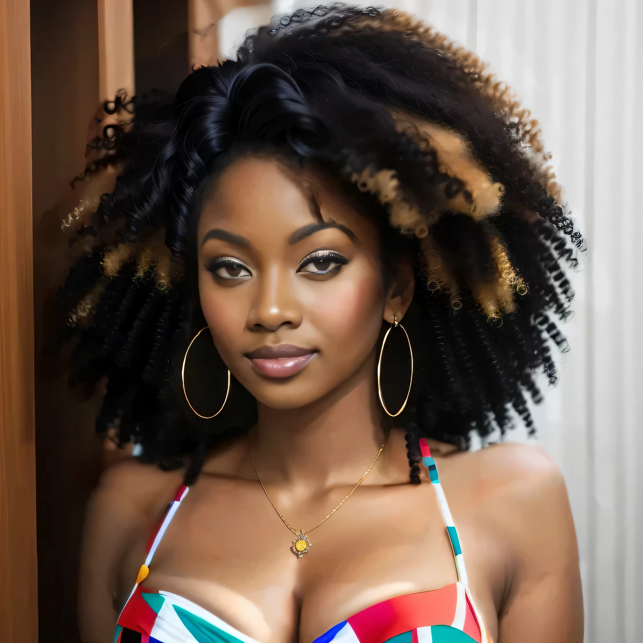 20A beautiful young woman、 (African woman, Black Hair、 An athletic body, Average breast size, Brown eyes, Skin beauty: 1.3), Dreadlocks、Ear piercing、blouse、smile, Beautiful teeth alignment、Intricate details, Very detailed:1.2), 、 Looking at the camera,Afro Hair
