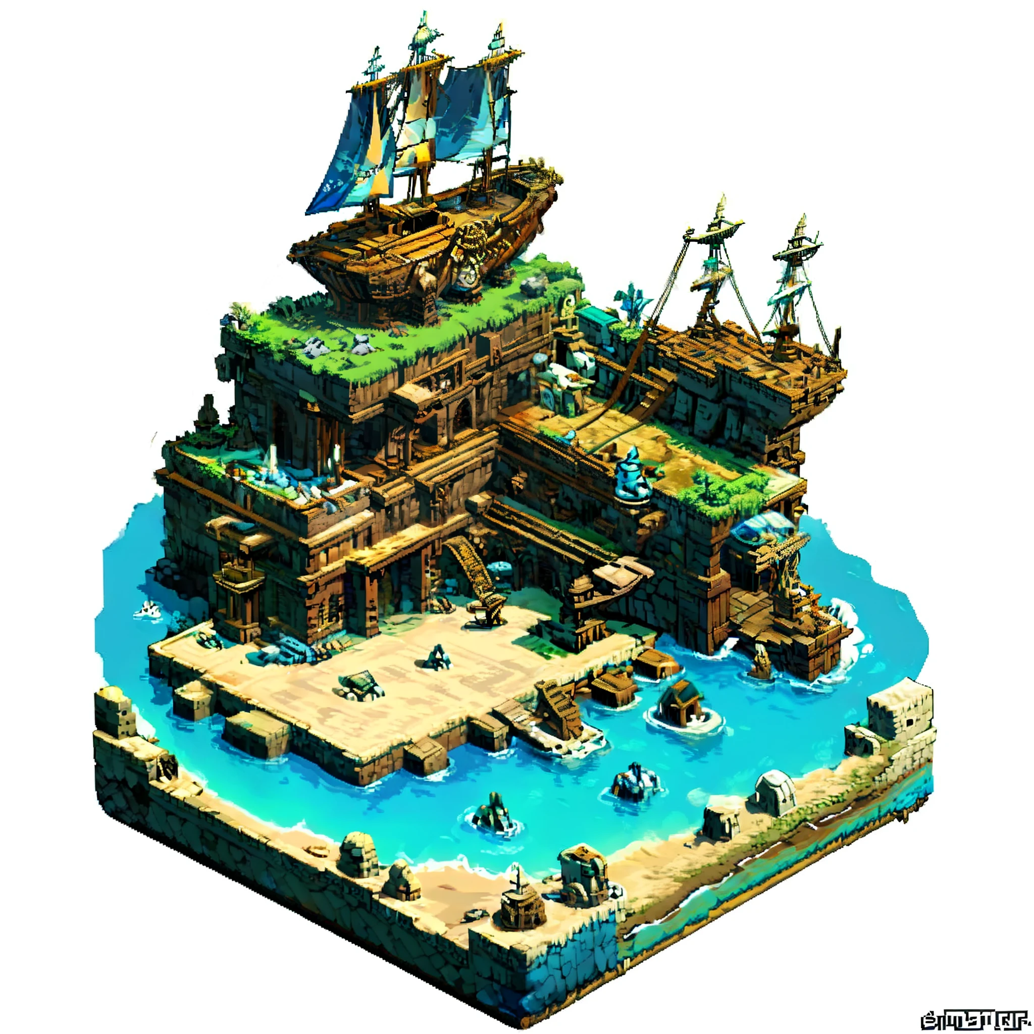 (best quality,4k,8k,highres,masterpiece:1.2),ultra-detailed,realistic,ship,pirates,large,majestic,old-fashioned,magical,white background,pixel art,towering sails,tattered sails,golden trim,billow in the wind,detailed woodwork,ship's wheel,anchor,pirate flag,fierce skull and crossbones,centred,overcast sky,ocean waves,seagulls soaring,pixelated waves,playful dolphins,hint of mist,marooned island in the distance,adventure,treasure hunt,swashbuckling.
