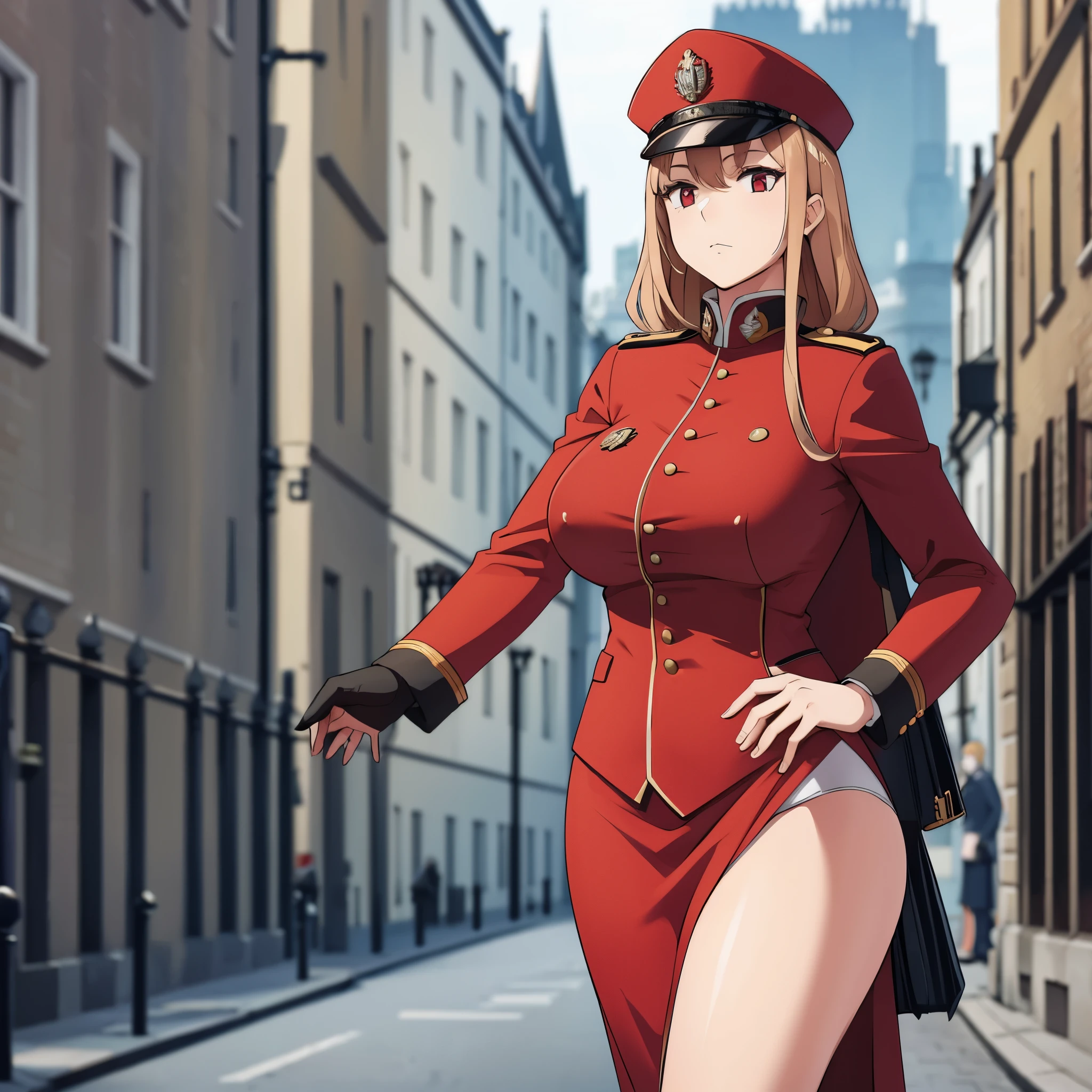 a woman in royal guard uniform in the city of london, royal guard hat
