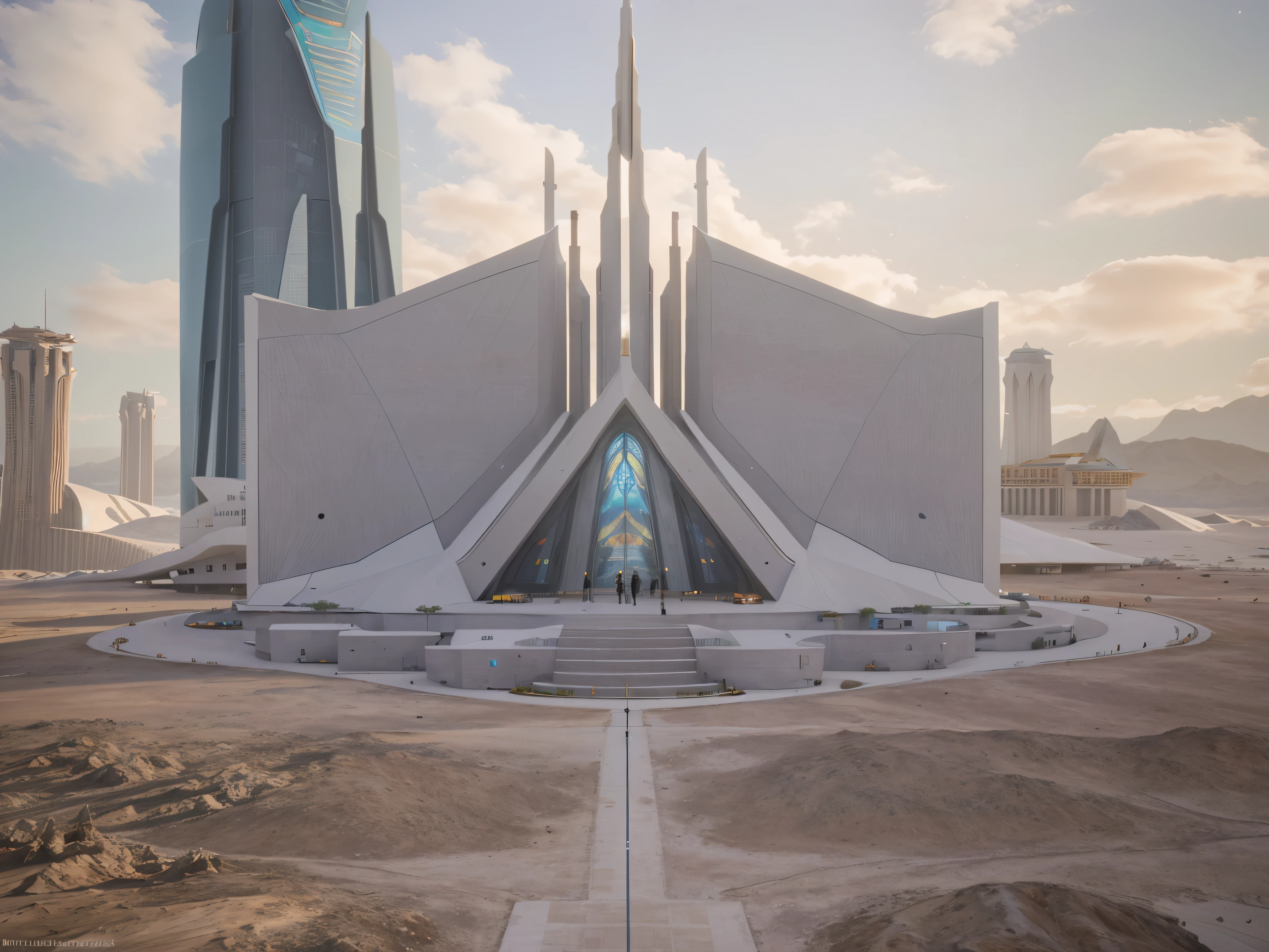 there is a futuristic building with a big tower on top, science fiction temple exterior, enorme cidade-templo futurista, futuristic palace, em um futuristic palace no deserto, igreja futurista, Porta de entrada para o futurismo, futuristic scenery, 3D rendering and matte painting, concept render, archillect arte conceitual, future arte conceitual, arte conceitual. 8K