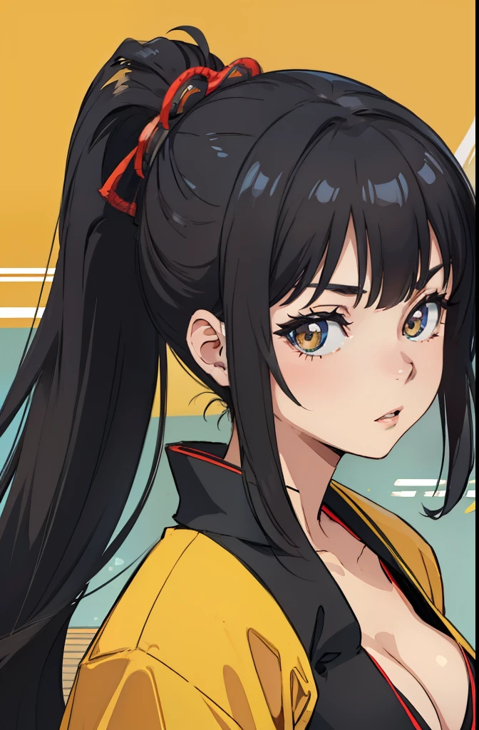 Masterpiece, Best quality,Samurai of Japan，1 female, Black hair with high ponytail, Bright eyes, heroic look, Wear a Japanese katana, Japanese samurai costumes and ninja costumes are yellow, Black, yellow and red，splendid，Facial details, The face is delicate，bust, cleavage, shoulderless