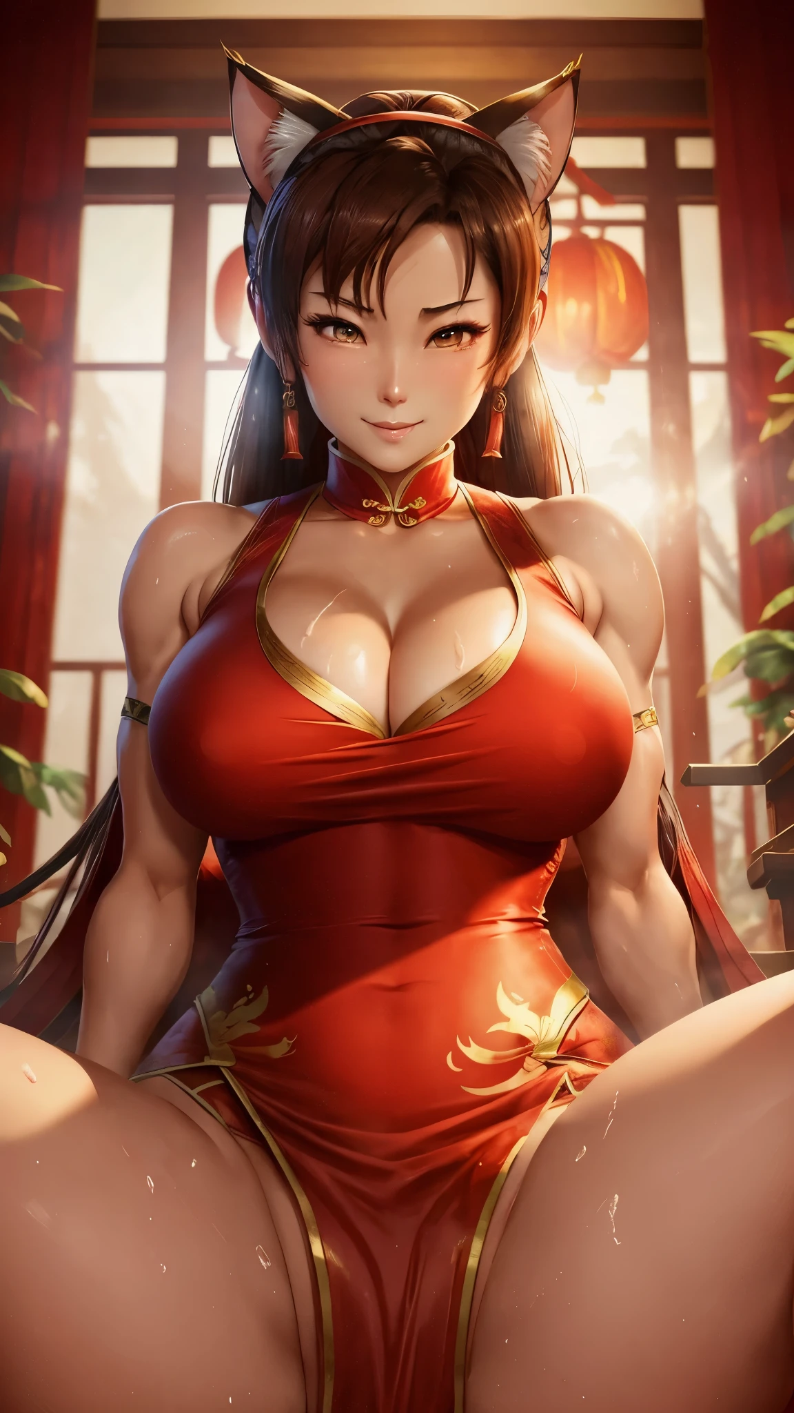 Chun-Li&#39;s face, cat ears, red Chinese clothes, sitting smile, lewd body　big breasts　exposed　lure　Pissing　Holding your chest close with your arms　sweaty