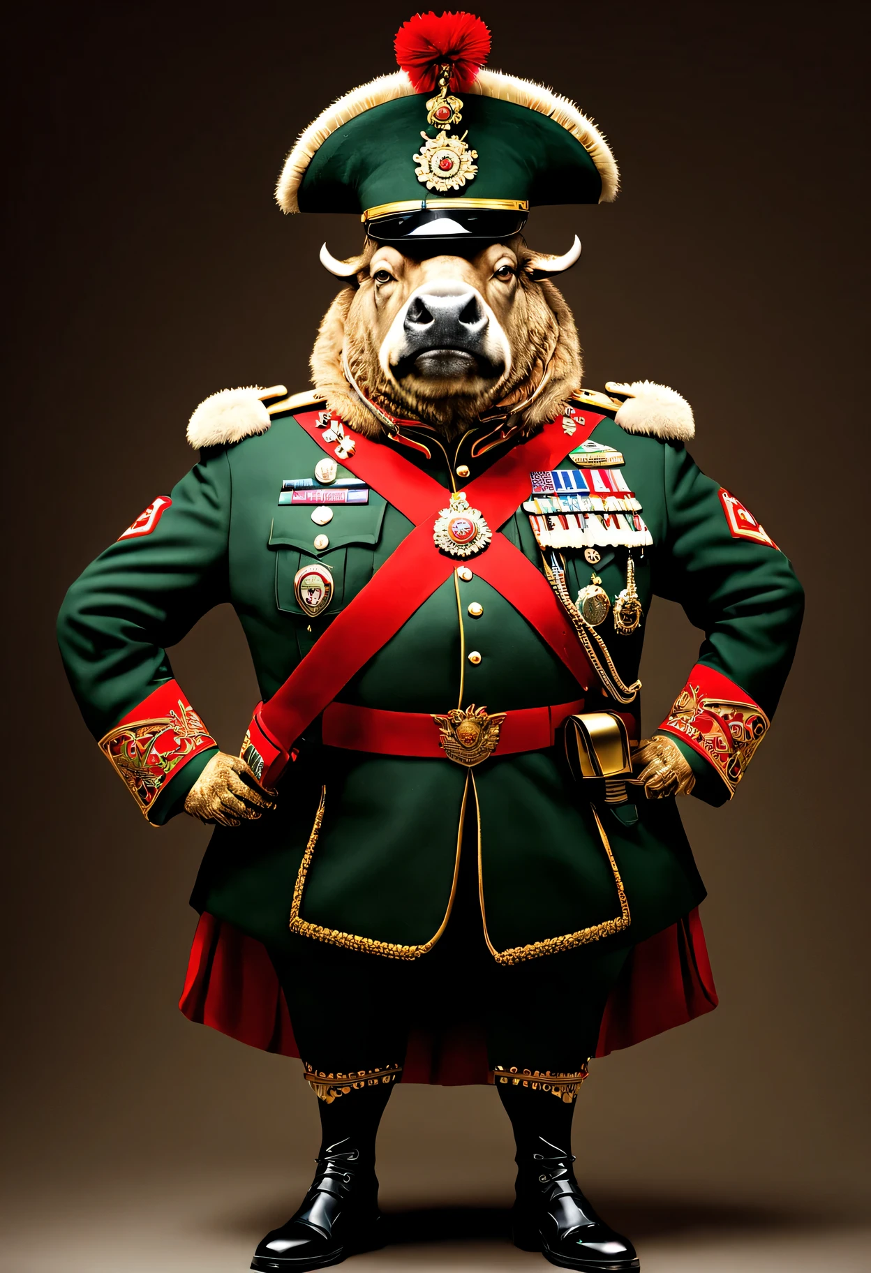 photorealistic portrait of Dressed animals - a ((fat)) buffalo general,(brave pose), high quality,(lovely) ,intricate details, highly detailed ((military uniform) ,,highly detailed decorations, , (brave), studio lighting,(full body image from head to toe:1.5)