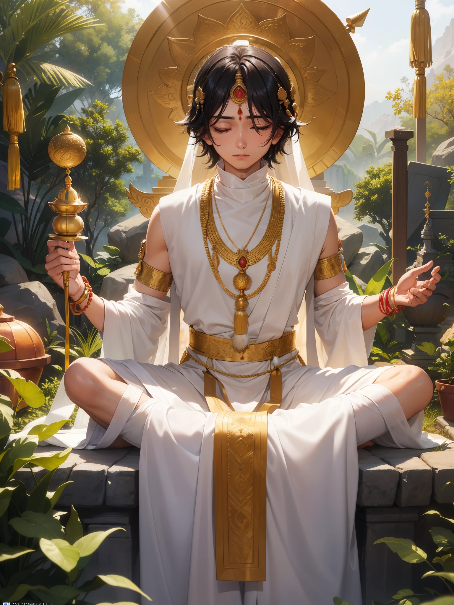 A boy named Navneet, with his slender frame clad in traditional Indian attire, stands reverently before the majestic form of Lord Shiva. The sacred grounds around them are bathed in the soft, golden glow of the early morning sun. The deity, with his third eye open, adorned in spiritual ornaments, and adorned with ash smear, radiates divinity against the vivid backdrop of foliage. Navneet's devotion is evident in his loving gaze, as he closes his eyes in prayerful submission, leaning against the Shiva Linga. The image captures the serene yet powerful atmosphere of the scene, as though transporting the viewer to