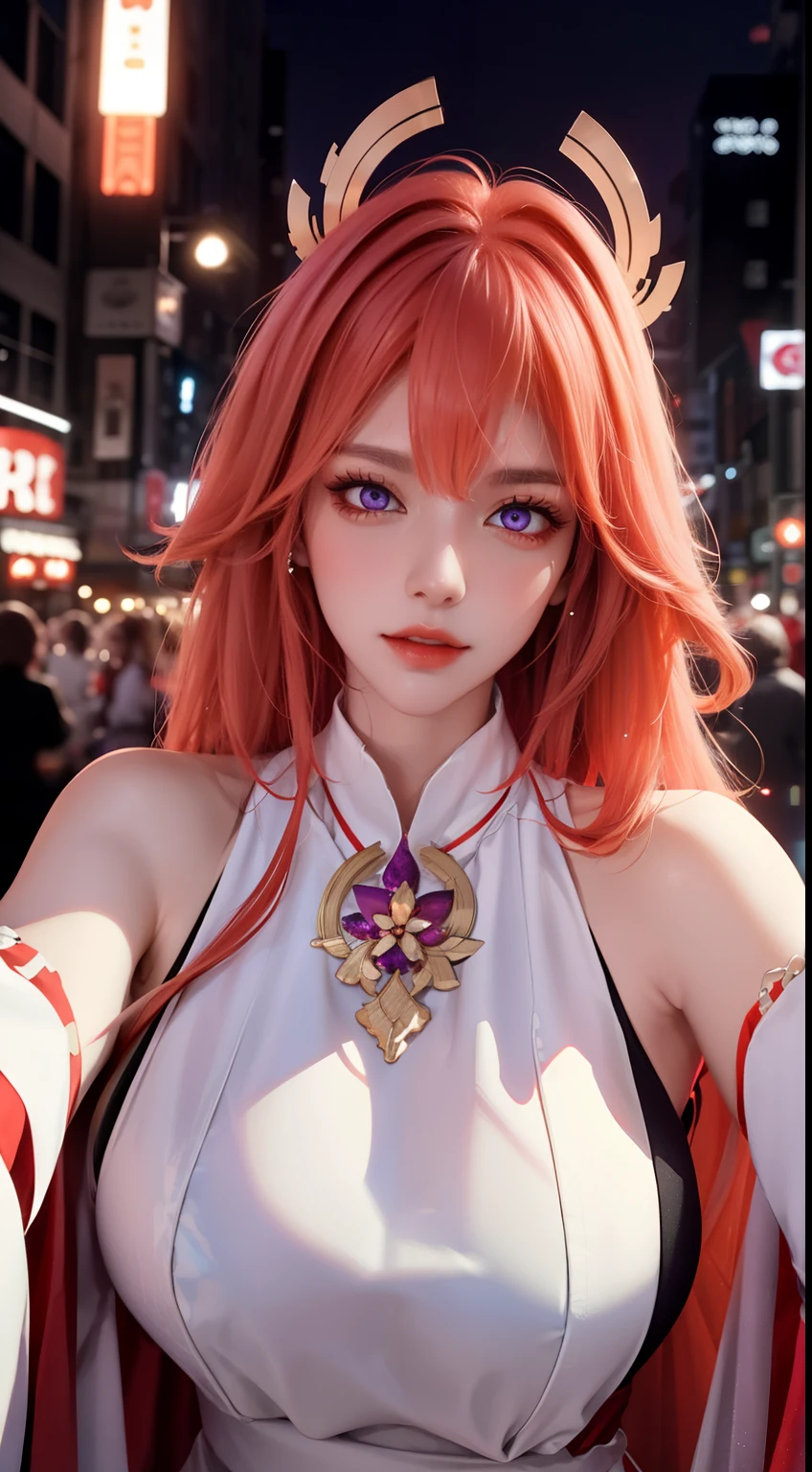 (masterpiece, Excellent, 1 girl, alone, intricate details, Color difference), realism, ((medium breathing)), ( absurd, high quality, Super detailed, masterpiece, concept art, Smooth, High detail artwork, hyper-realistic , high resolution, paint splatter, Color splash, splash ink, Color splash), ((rainbow hair)),Off-the-shoulder style, Super huge breasts, Sexy, Yae Shrine Maiden, long pink hair, red headdress, red highlight, hair above one eye, purple eyes, earrings, sharp vision, Perfectly symmetrical figure, collar, neon shirt, open jacket, turtleneck sweater, dim lights, looking at the audience, ((meaning is, Tempting, charming)), (((luminous background)))