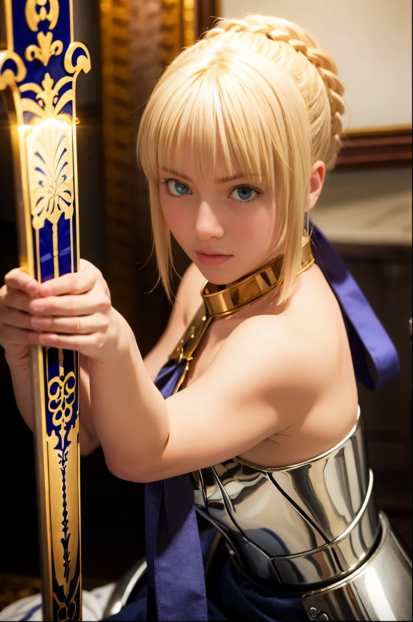 1girl,((())),(a blond), (braided single hair bun)), (huge breast:1.5), (((armor))), ((beautiful anime eyes with fine detail)), ((indigo blue ribbon)), realistic skin, (intricate details), ((lighting forward)), depth field, ((ultra high resolution, high res)), {highres}, {{very fine 8KCG wallpapers}}, {{very precise detailed}}, ((((masterpiece)))),background old castle, ((grasp a golden sword)),