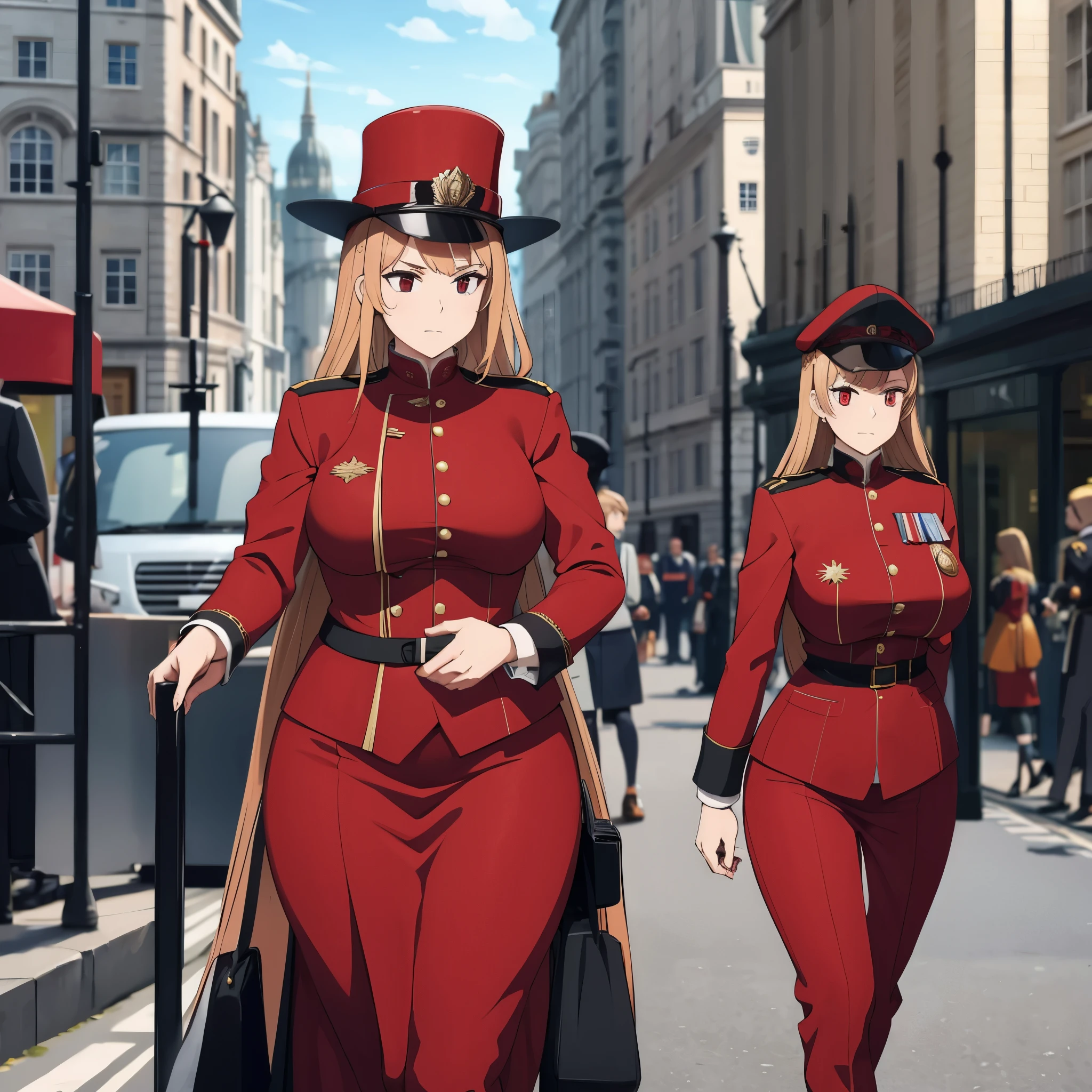 a woman in royal guard uniform in the city of london, royal guard hat
